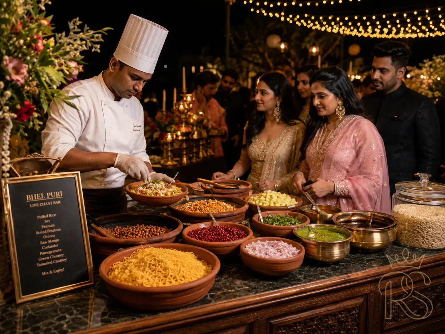 Elegant Indian wedding live chaat bar — a long wooden table styled with dark marble inlay, terracotta and brass bowls filled with bhel puri ingredients, sev, pomegranate seeds, diced raw mango, date tamarind chutney, green chutney, boiled potatoes, onions, coriander — uniformed chef assembling a bowl on request, guests in ethnic wear waiting, warm fairy lights overhead, dark moody background, editorial food photography