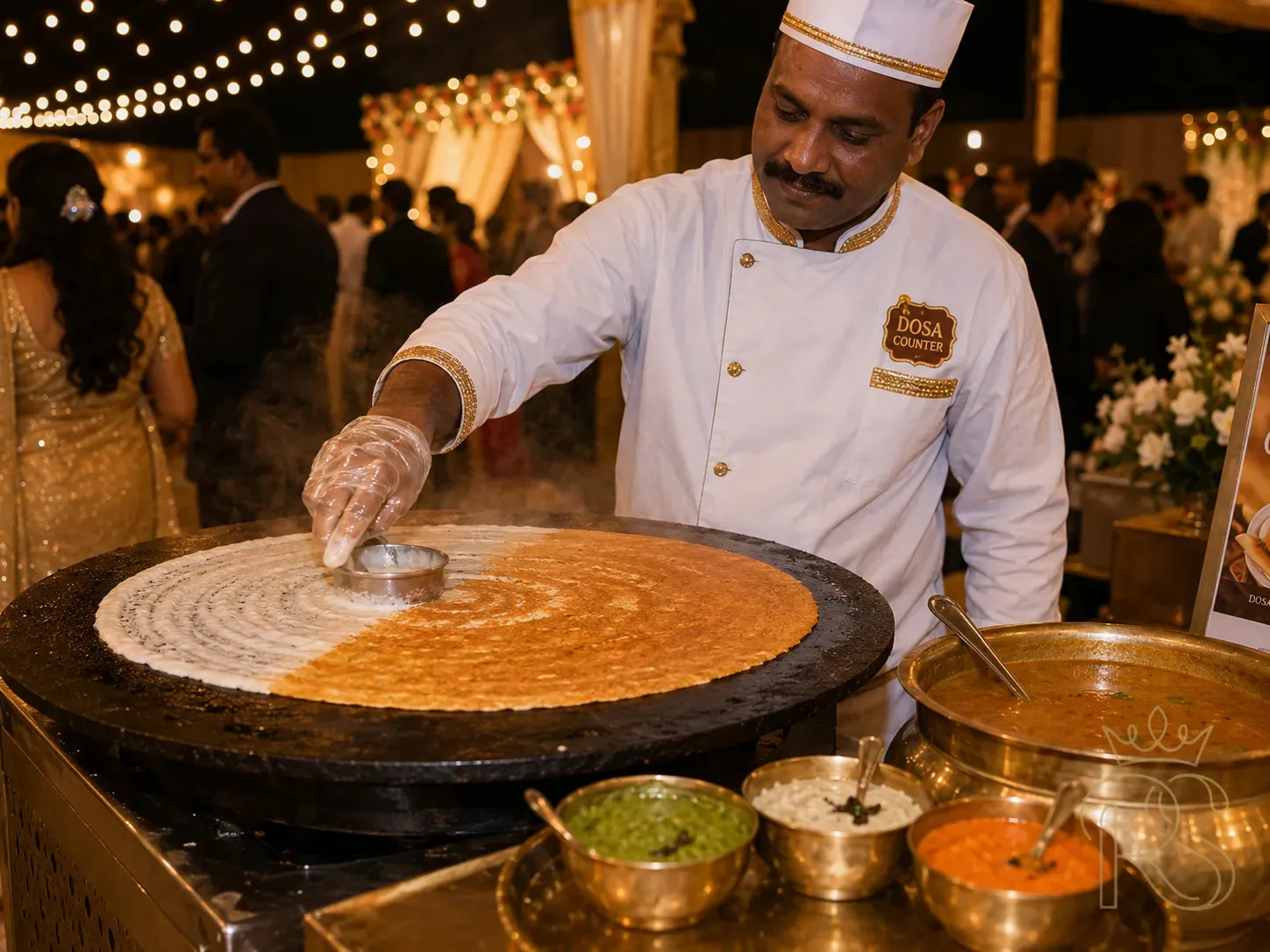 Live dosa counter at an Indian wedding — a large circular iron tawa with batter being spread into a thin crisp dosa by an experienced chef in a white and gold uniform, steam rising, small bowls of sambar and three chutneys in brass katoris arranged neatly alongside, warm string lights overhead, guests in the background, food photography, golden brown dosa, action shot, depth of field, editorial quality