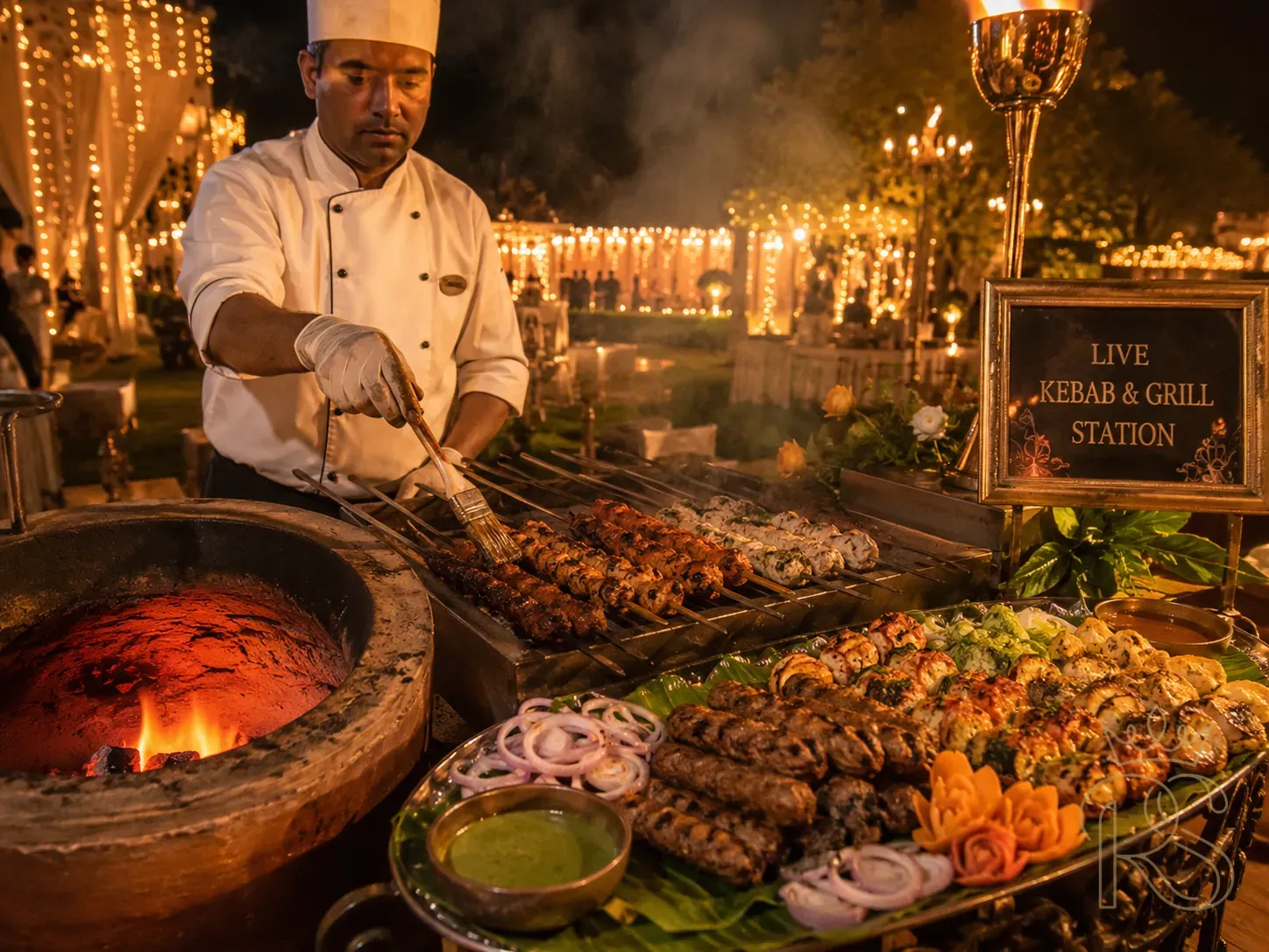 Indian wedding live kebab and grill station outdoors at night — charcoal tandoor glowing orange, a chef in white basting seekh kebabs on long skewers over live flame, smoke rising, assorted kebabs arranged on a large platter: galouti, seekh, reshmi, paneer tikka — served with green mint chutney and raw onion rings, warm torchlight and Edison bulb atmosphere, luxury outdoor wedding, professional food photography, cinematic golden tones