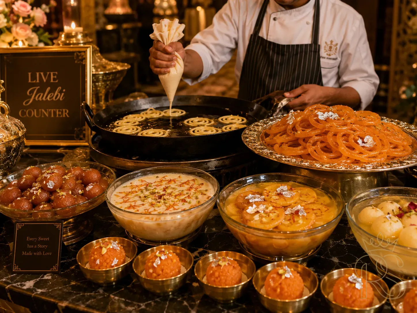 Luxury Indian wedding live mithai and dessert station — a beautifully lit counter with fresh jalebi being piped into hot oil by a chef, golden jalebis on silver thali, surrounded by small glass bowls of rabri, kesar malpua, gulab jamun in rose syrup, motichoor laddoo in brass katoris, garnished with saffron strands and edible silver leaf, warm amber lighting, dark marble table surface, editorial food photography, elegant wedding setting