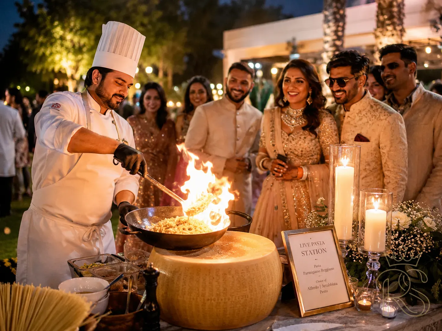Indian wedding live pasta station at an outdoor reception — Italian chef in white apron tossing pasta in a large wok over open flame, flames visible, giant parmesan wheel being used to finish the pasta, elegant candlelit table setup, guests in Indian ethnic wear watching with excitement, warm evening light, upscale wedding catering, cinematic photography