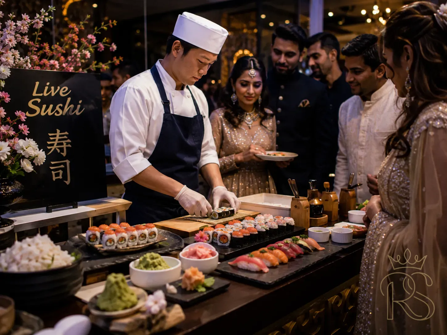 Luxury Indian wedding live sushi counter — a beautiful Japanese-inspired station with dark wood, black slate platters, a sushi chef in white and navy apron rolling maki and nigiri, wasabi and pickled ginger in ceramic ramekins, soy sauce in bamboo pourers, dim atmospheric lighting, Indian wedding guests in ethnic wear gathered around, elegant wedding setting, food photography, shallow depth of field, moody warm-cool contrast