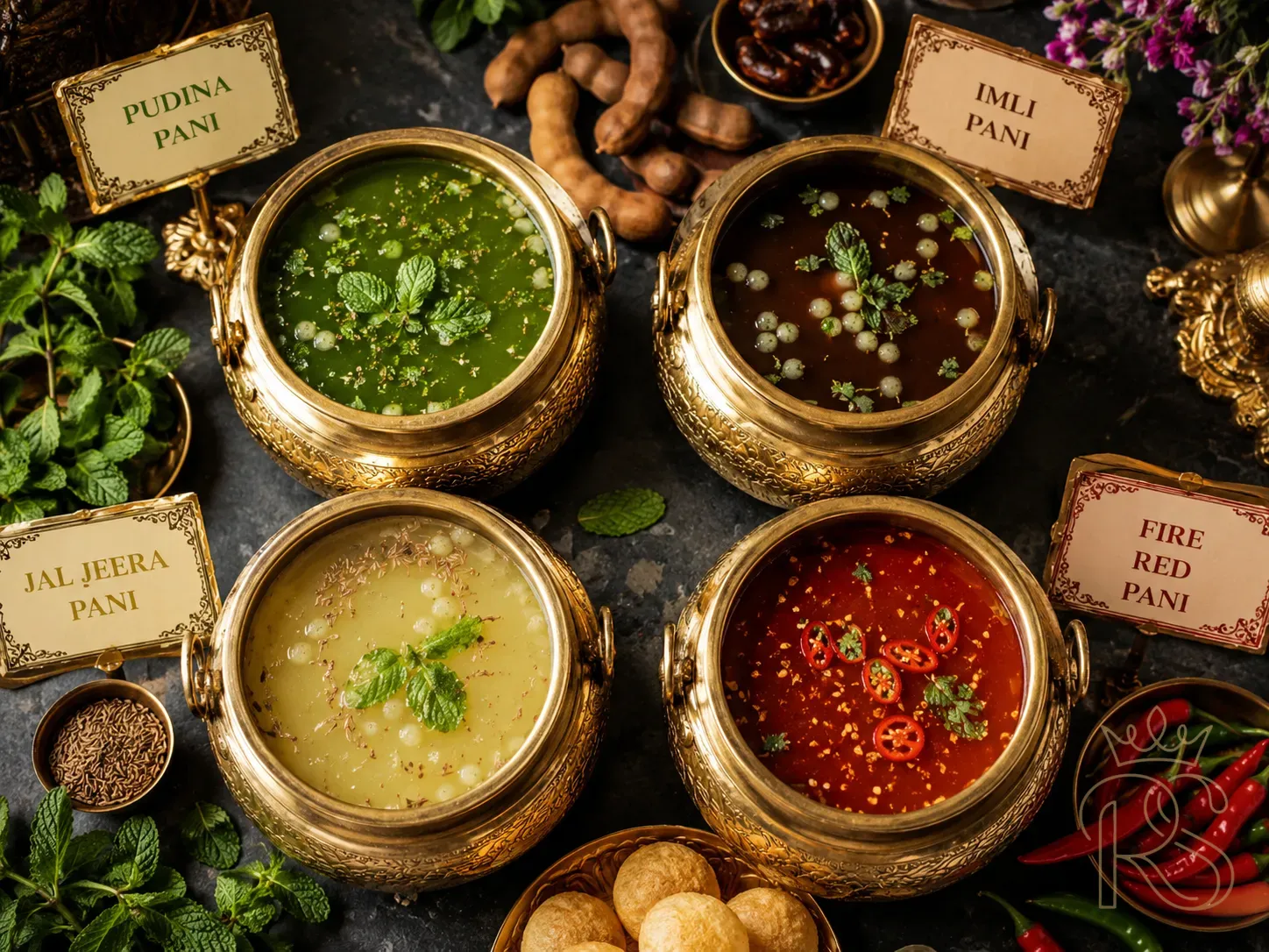 Overhead flat-lay of four Indian wedding pani puri pani varieties in decorative brass urns on a dark slate surface — green pudina pani, tamarind brown, jal jeera pale yellow, fire red pani with chillies — garnished with fresh mint, chilies, tamarind pods