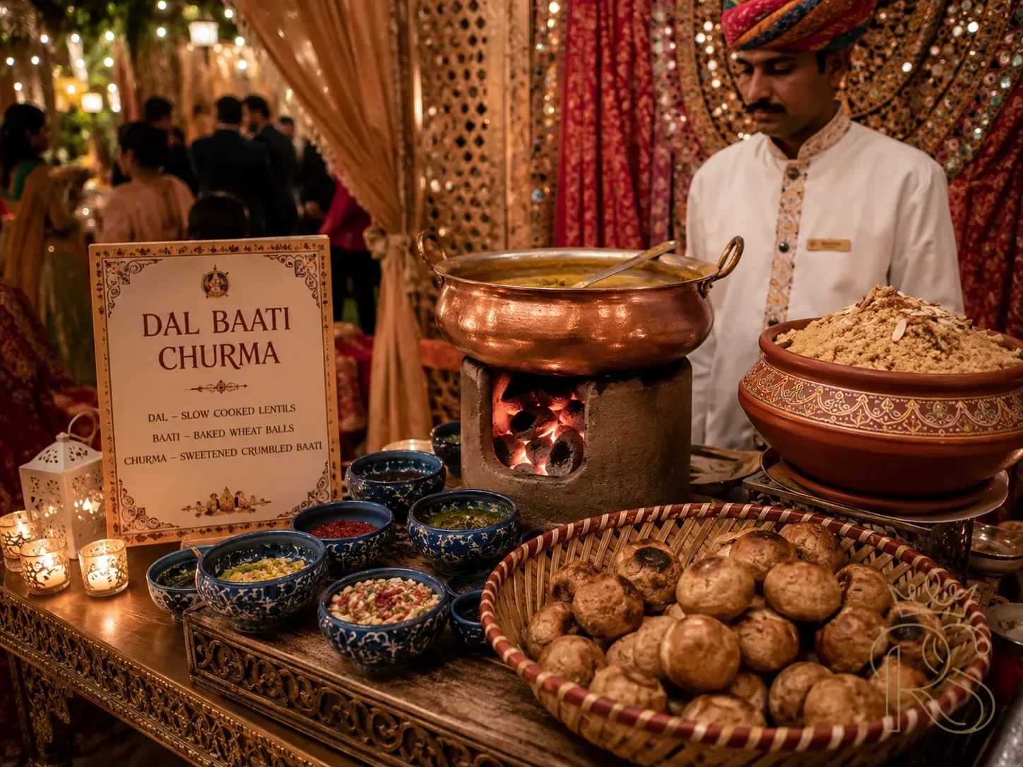 Indian wedding regional food pop-up station — an authentic Rajasthani dal baati churma live counter styled with traditional blue pottery bowls, a small coal fire beneath a large copper pot of dal, baatis arranged in a round wicker tray, churma in a decorated terracotta vessel, themed Rajasthani fabric backdrop with mirror work, a Rajasthani uniformed attendant, warm candlelight, wedding guests in background, editorial food photography, cultural authenticity, warm earthy tones