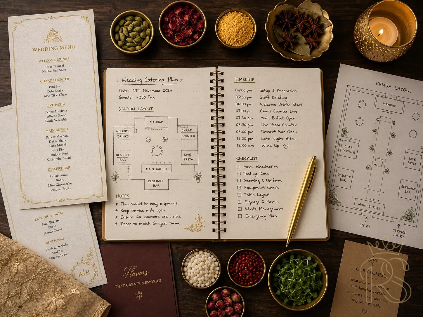 Indian wedding catering planning flat-lay — an open spiral notebook with handwritten station layout and timeline, a gold pen, sample menus printed on textured paper, small sample ingredient bowls, a floor plan sketch, all arranged on a dark wood surface with a small gold candle, warm overhead light, editorial photography style, no faces visible