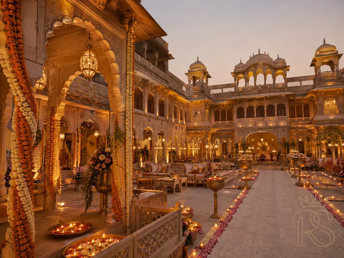 Stunning Indian heritage haveli wedding venue in Rajasthan with ornate archways, courtyard lit with diyas and chandeliers, festive floral décor for an evening wedding ceremony