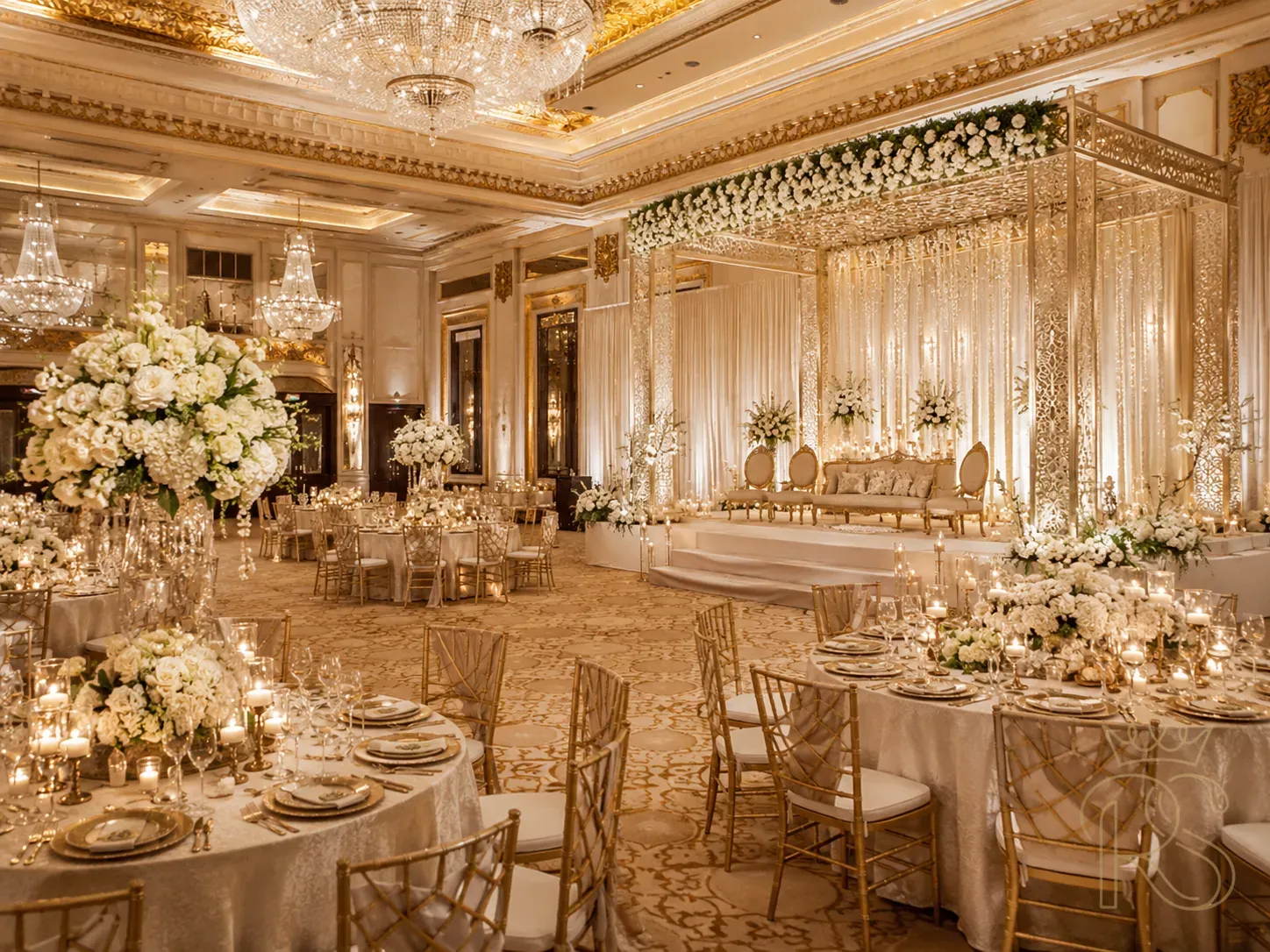 Elegant Indian wedding reception with gold and ivory décor at a luxury hotel ballroom