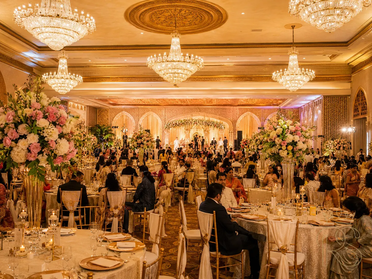 Grand Indian wedding banquet hall with crystal chandeliers, floral centrepieces, and 300 guests seated at round tables with ivory and gold linens