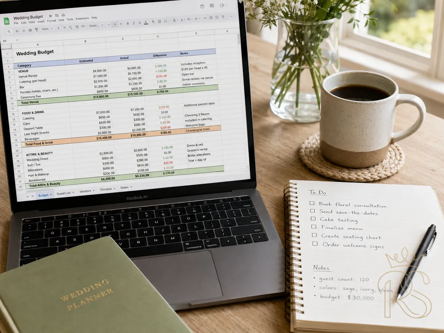 Close-up of a wedding budget spreadsheet on a laptop with highlighted contingency row, coffee cup and notepad nearby, planning session