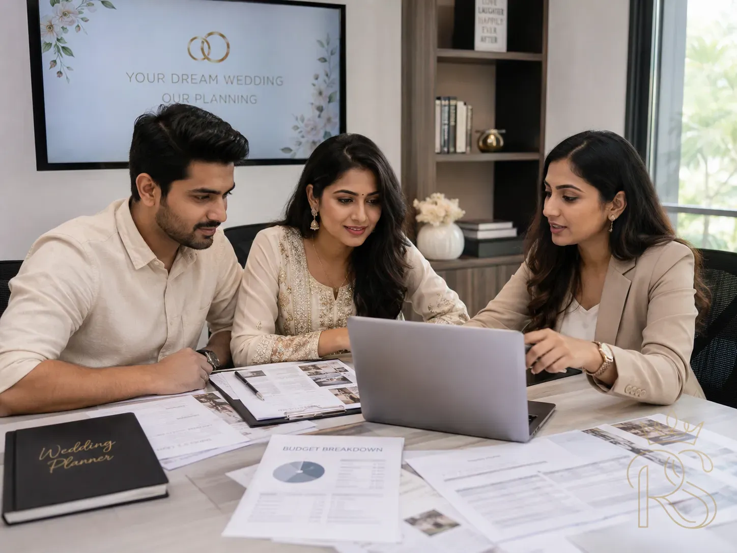 Couple sitting across from a wedding planner reviewing vendor contracts and budget spreadsheets on a laptop in a modern office