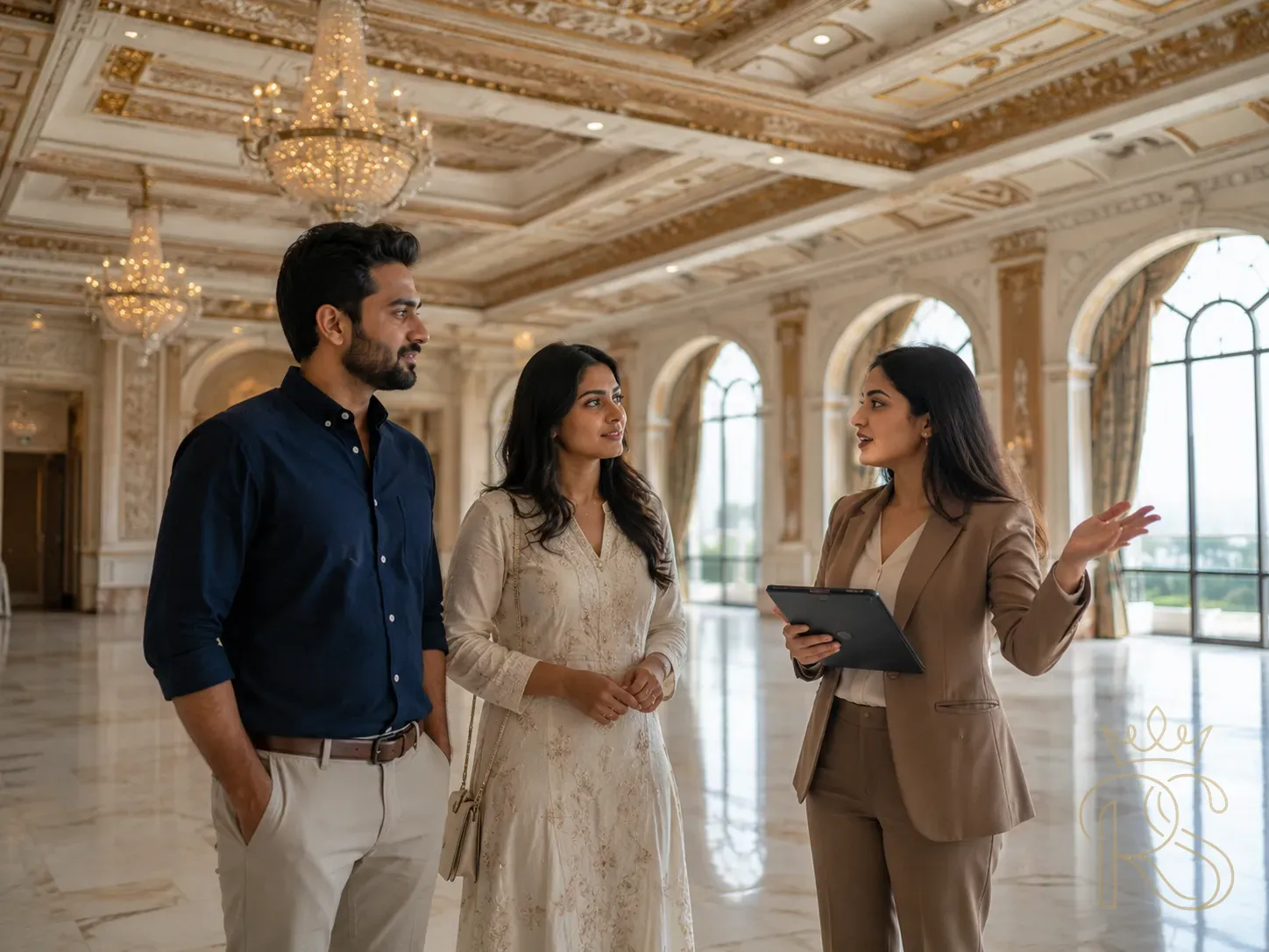 Couple and planner doing a site visit at a luxury Indian wedding venue — grand ballroom with high ceilings, empty set-up
