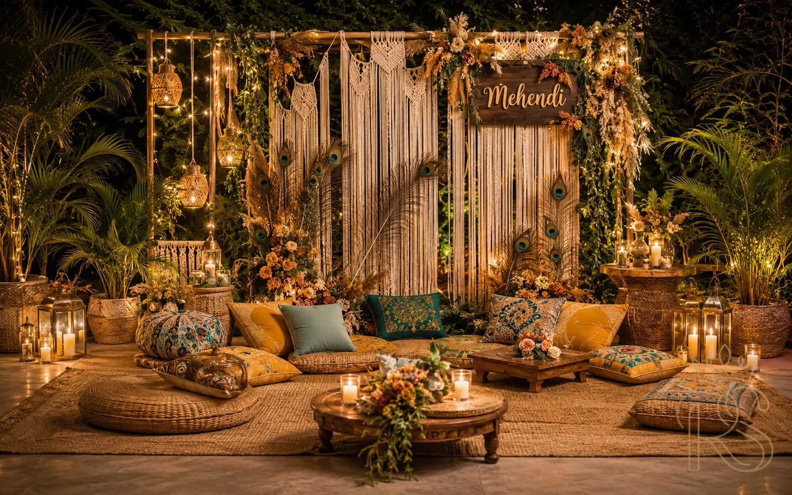 Boho Mehendi setup with macramé backdrop, peacock feathers, rattan seating, embroidered cushions and trailing greenery candles