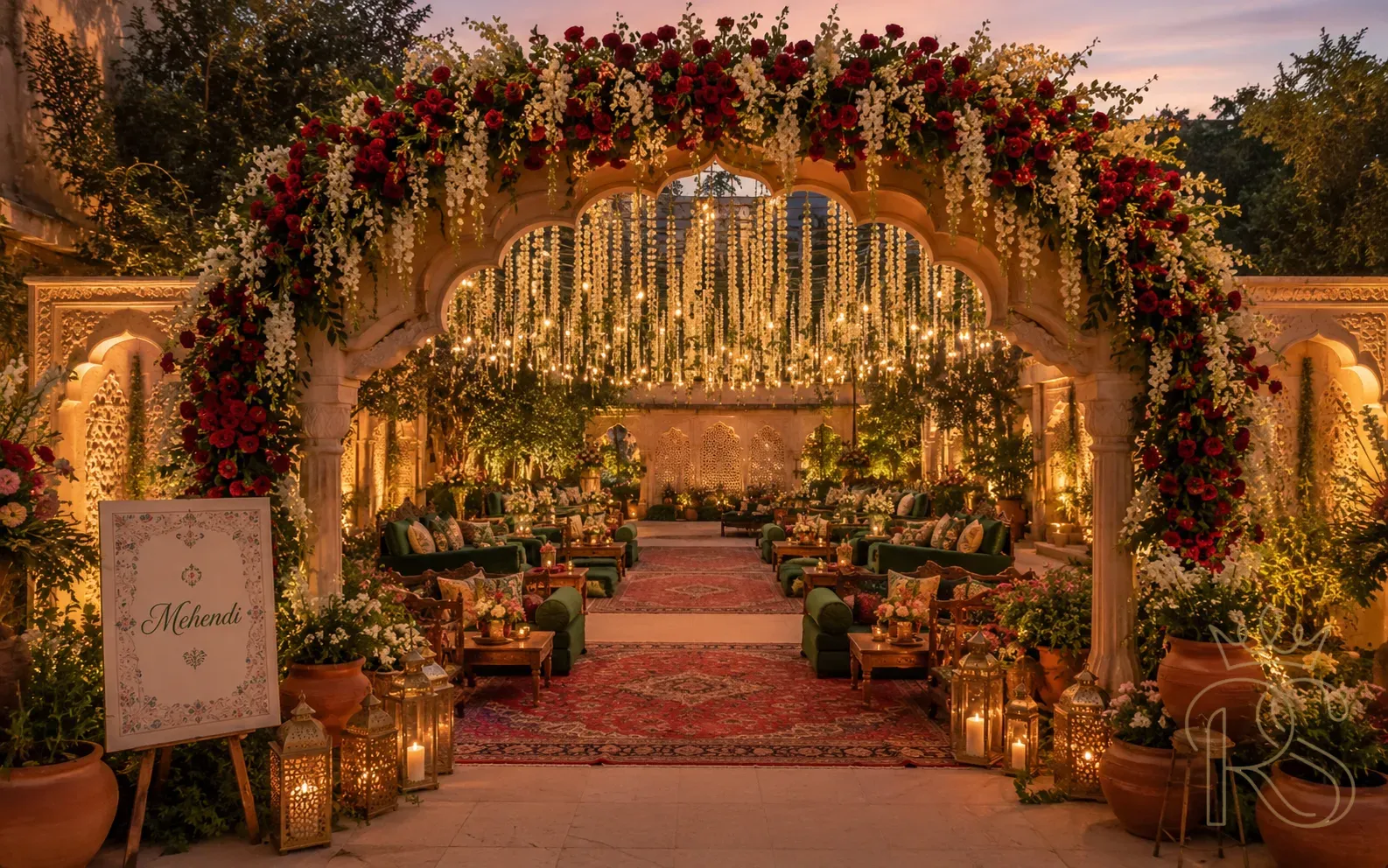Mughal garden style Mehendi setup with arched floral entrance, Persian carpets, diwan seating, gold lanterns and jasmine overhead
