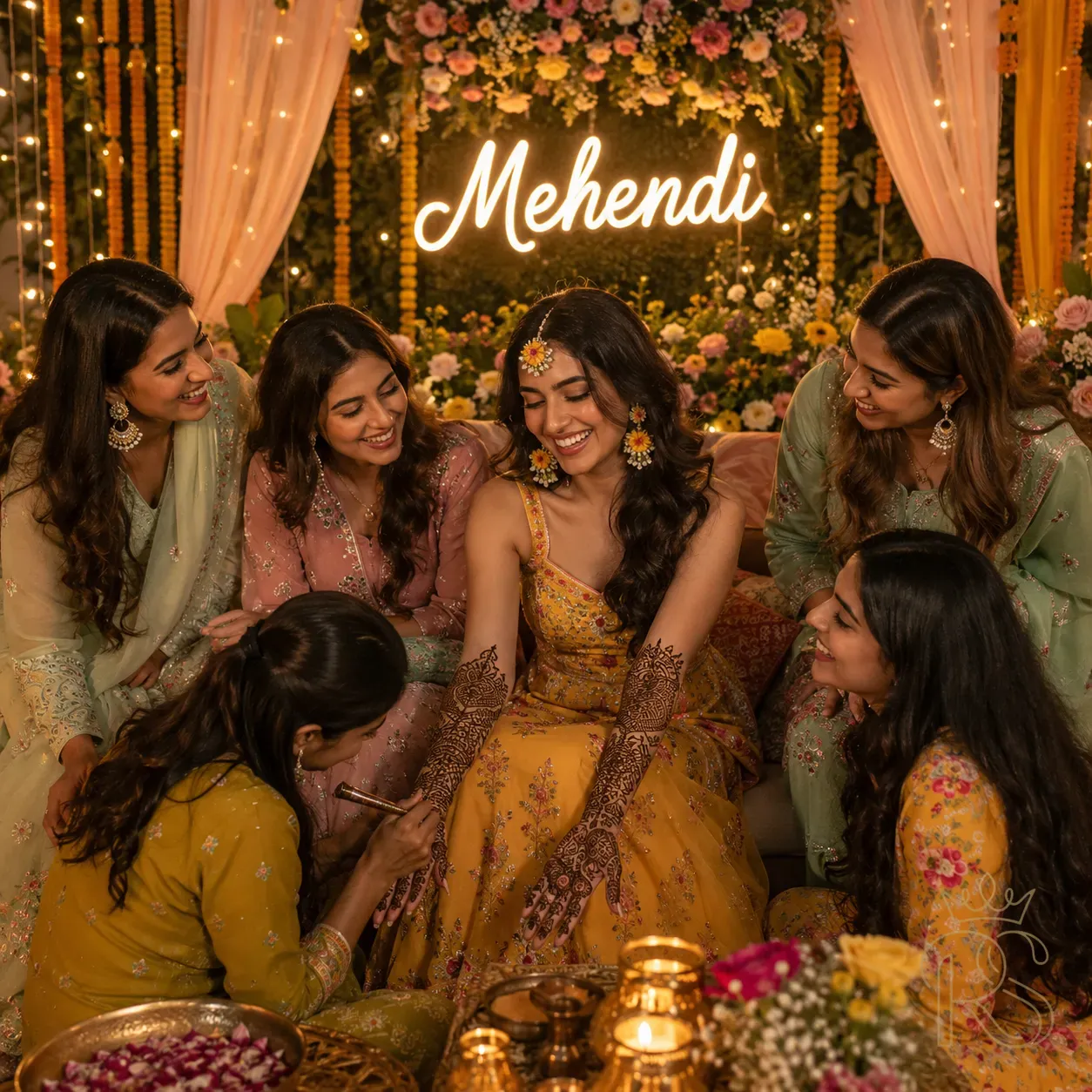 Close-up of mehndi artist applying intricate henna pattern to bride's palm with cone, detailed floral design in progress