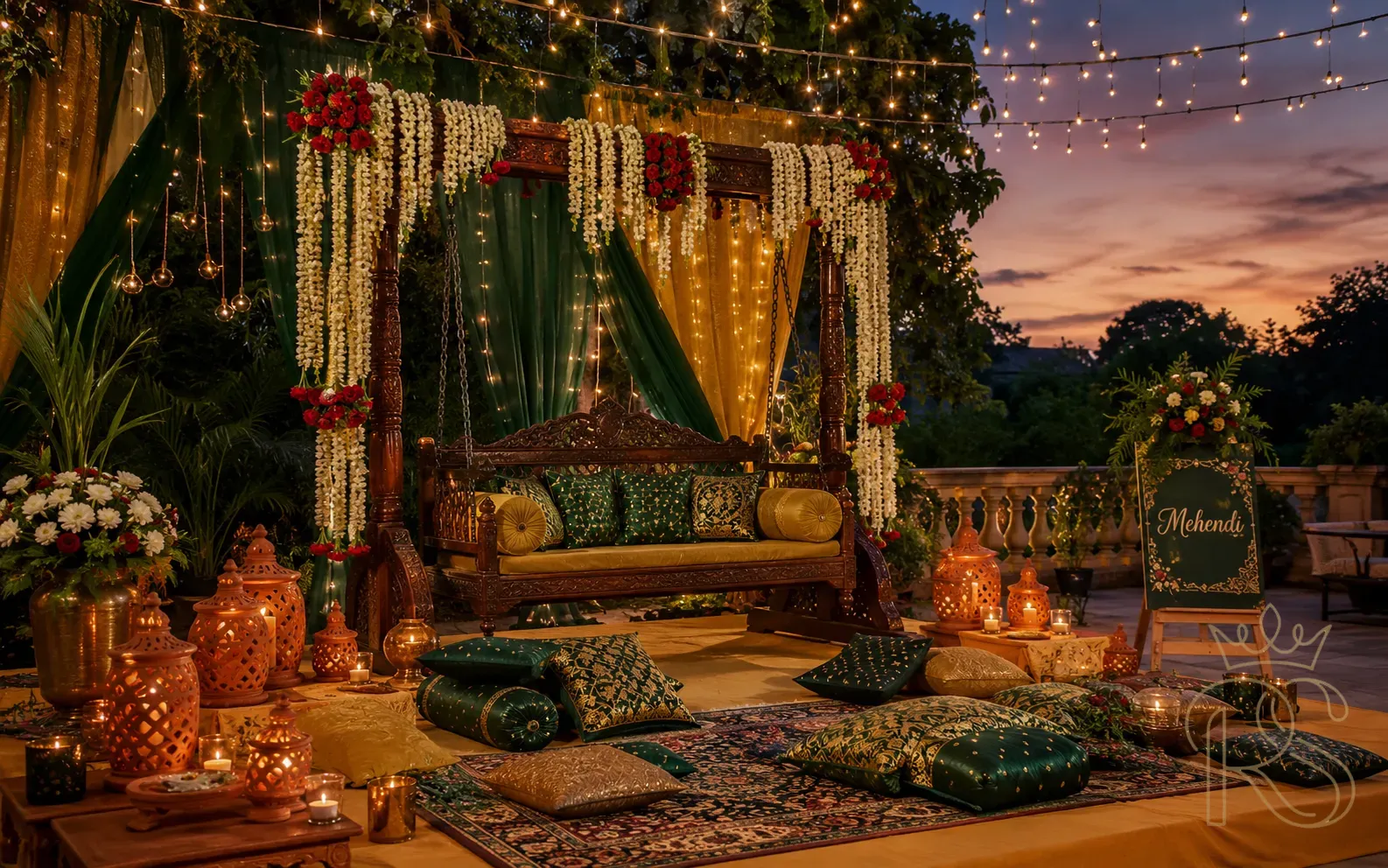 Mehendi ceremony décor with carved wooden swing draped in jasmine and rose garlands, terracotta lamps, green and gold cushions and string lights at dusk