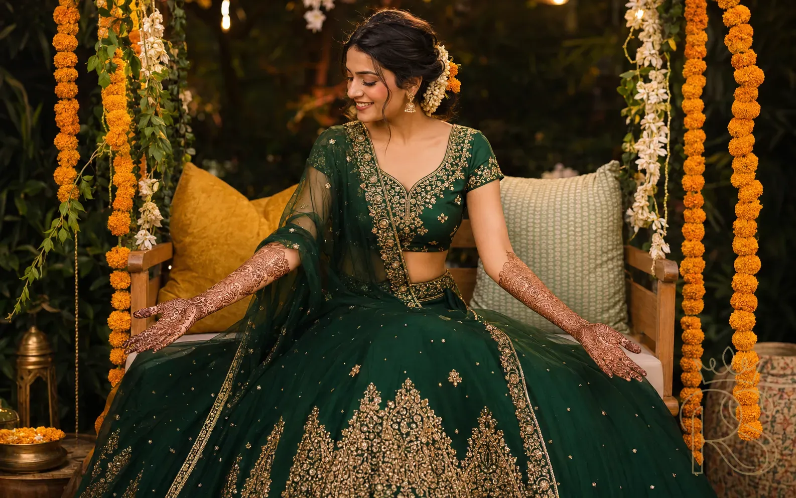 Indian bride in bottle green and gold zardosi lehenga with fresh mehndi and flower accessories on decorated swing at Mehendi ceremony