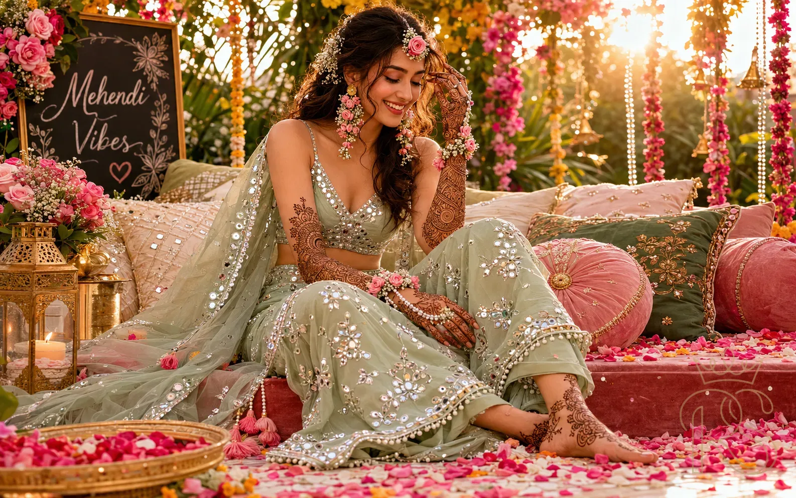 Indian bride in sage green mirror-work sharara with fresh henna on hands, bohemian flower jewellery, relaxed outdoor golden hour setting