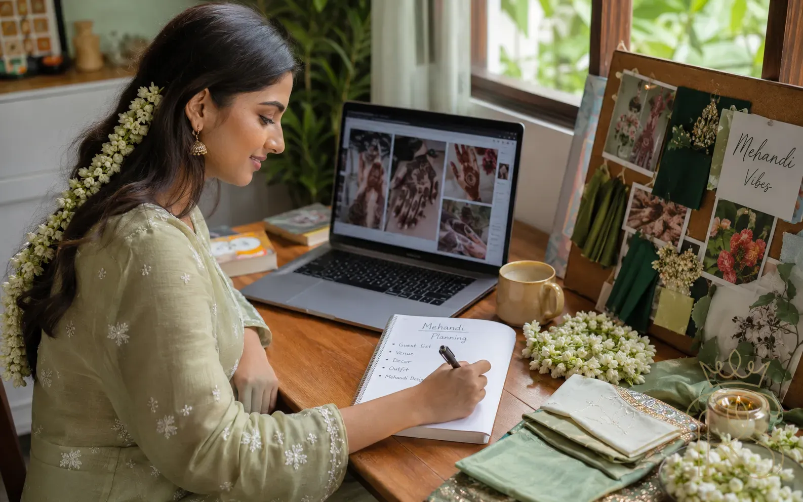 Indian bride planning Mehendi ceremony at home desk with laptop, design references, notebook, fabric swatches and fresh jasmine flowers