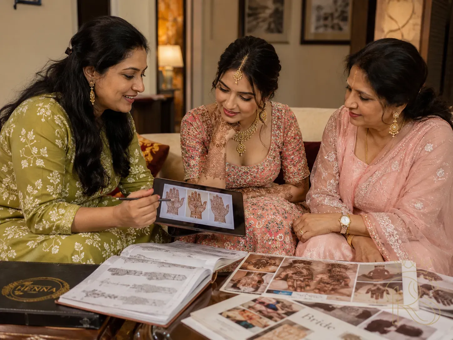 Indian bride and mother consulting with mehndi artist looking at design references on tablet in warm indoor setting