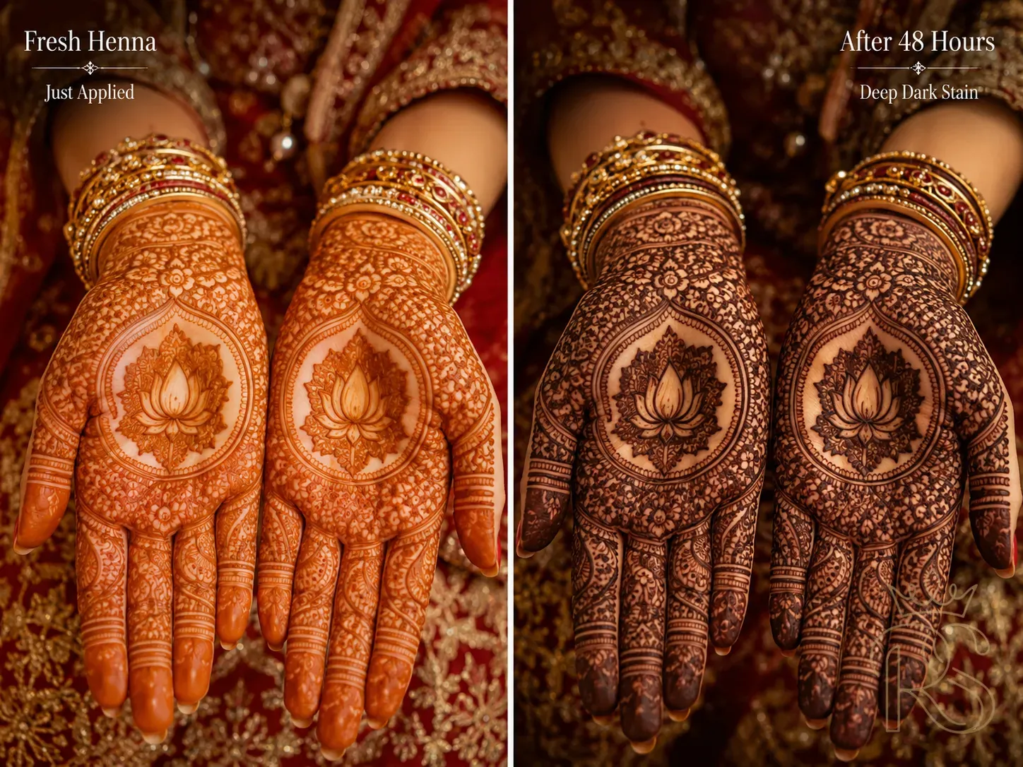 Side-by-side comparison of fresh orange henna versus deep dark brown mehndi after 48 hours on bridal hands