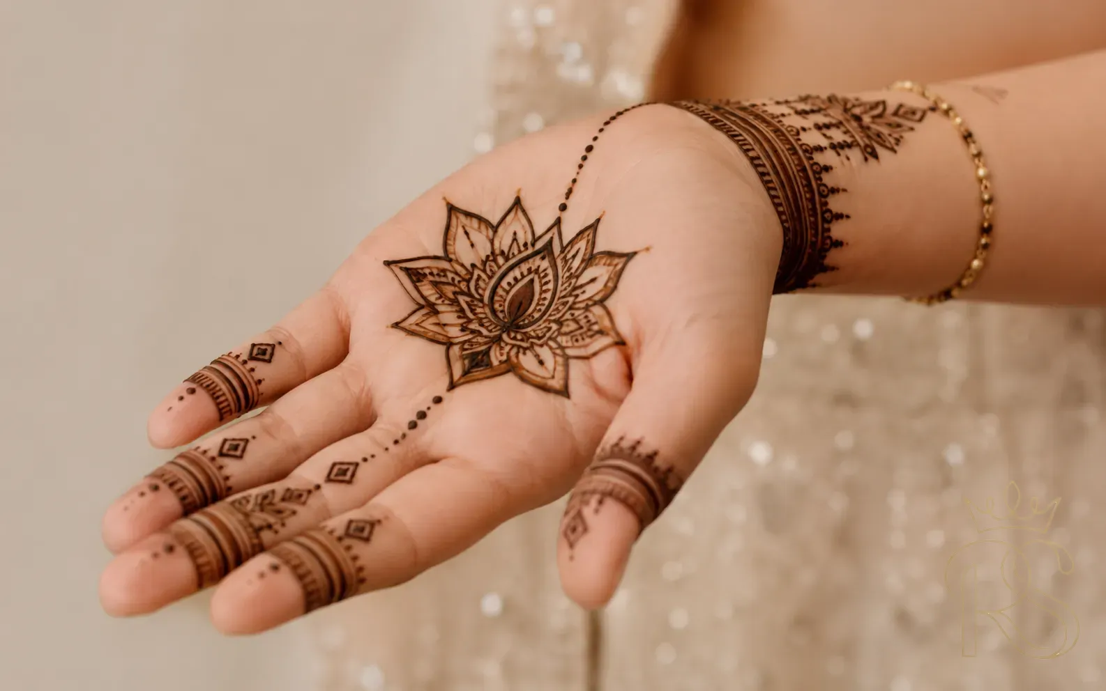 Minimalist modern bridal mehndi with sparse geometric lotus mandala design and large negative space in deep brown on bride's palm