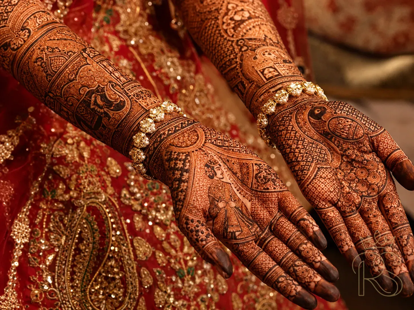 Intricate Rajasthani bridal mehndi with fine jali patterns, peacock and elephant motifs covering full hand and forearm
