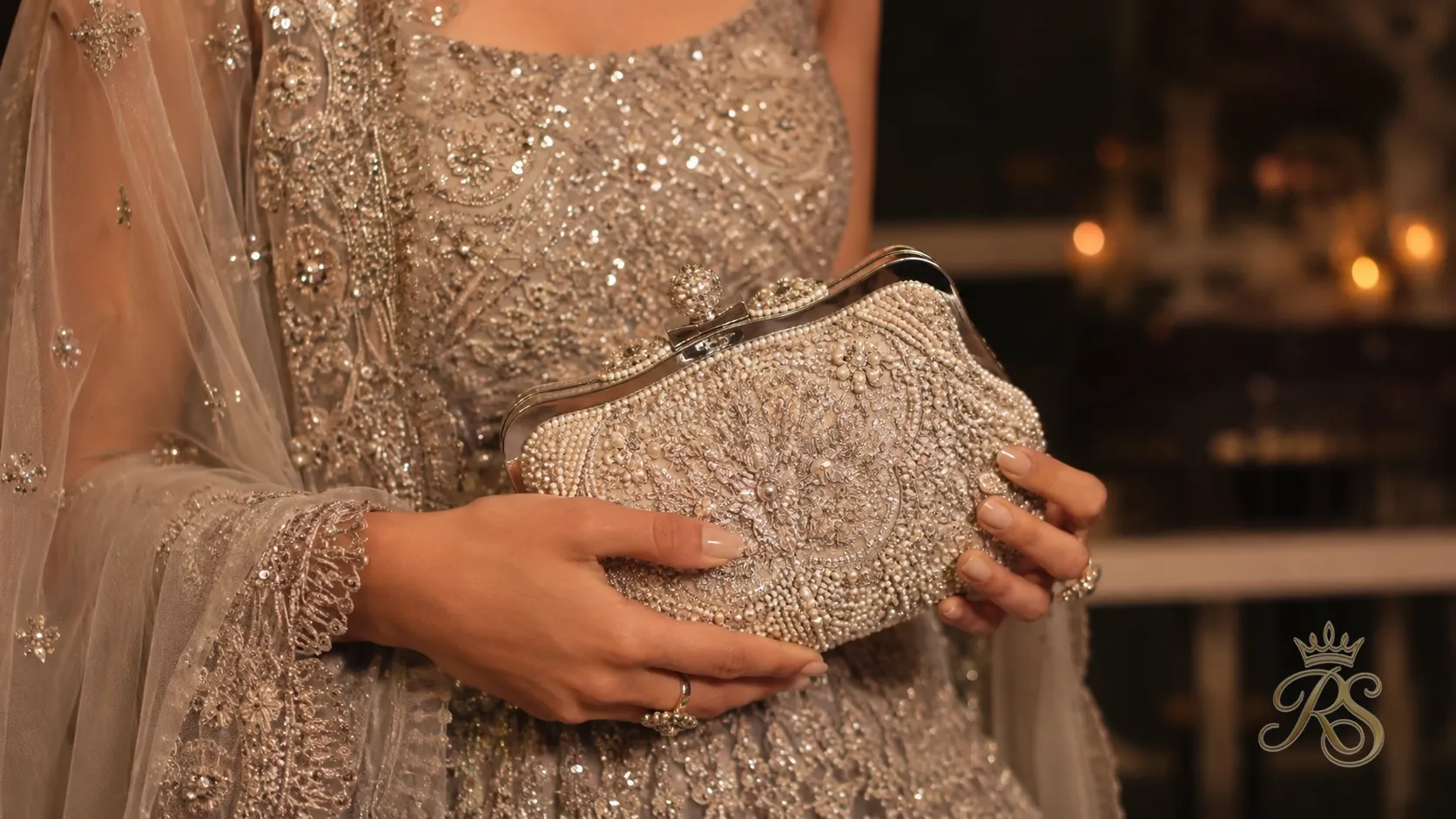 Beaded vintage frame clutch bag for a bridal reception
