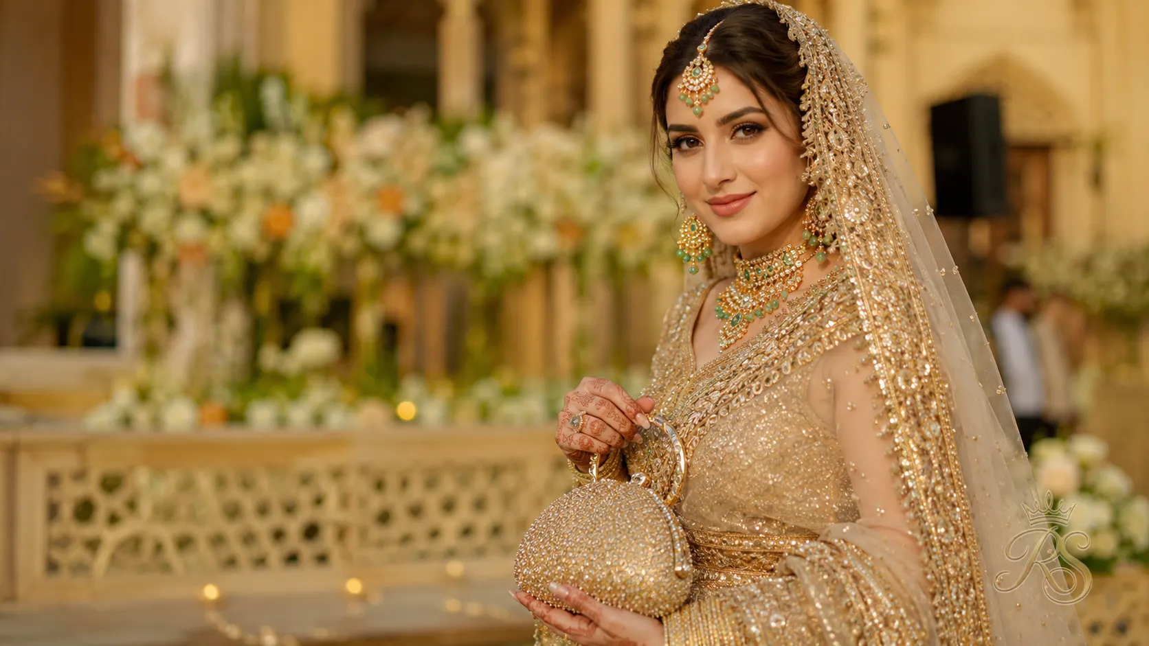 Bride's final portrait holding a chic embellished mini bag