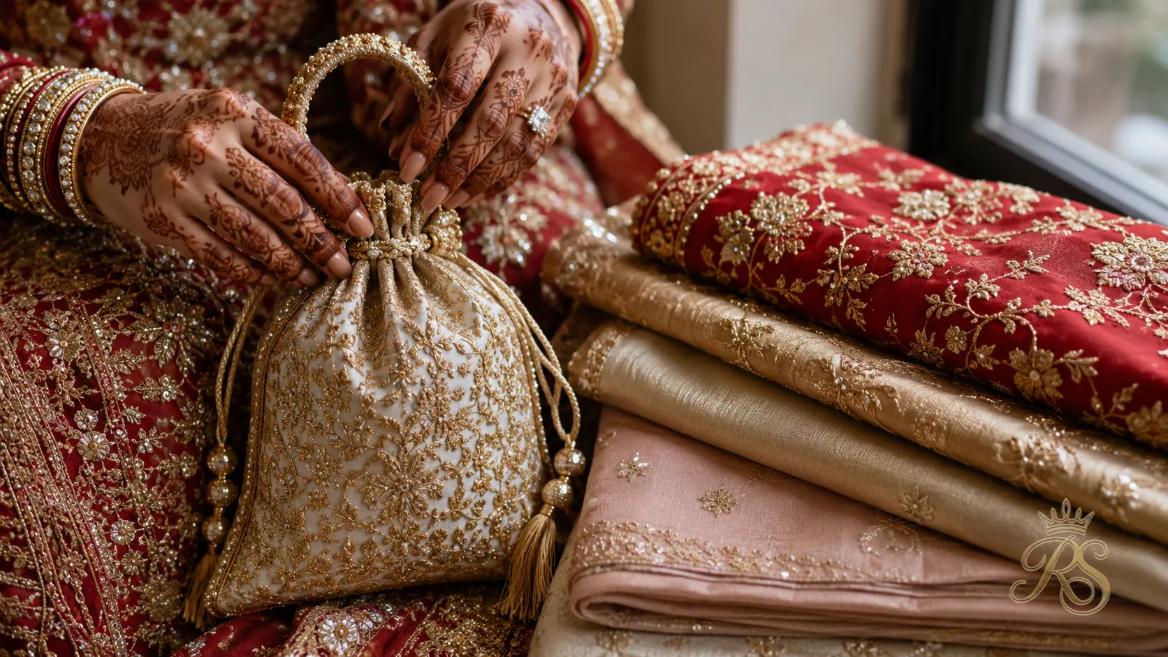 Bride comparing mini bag colors against her outfit swatches