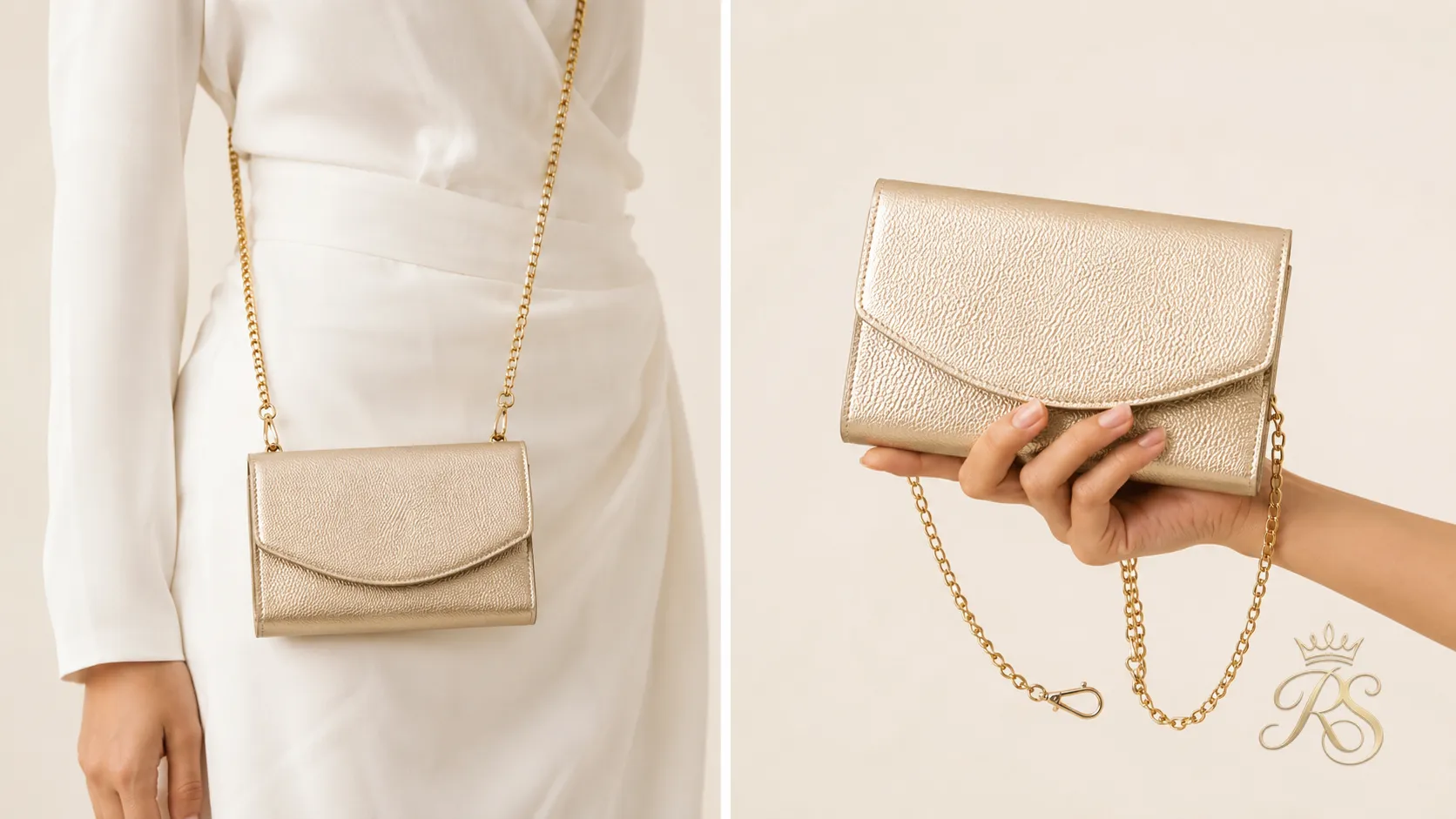 Convertible chain sling mini bag styled two ways for a wedding