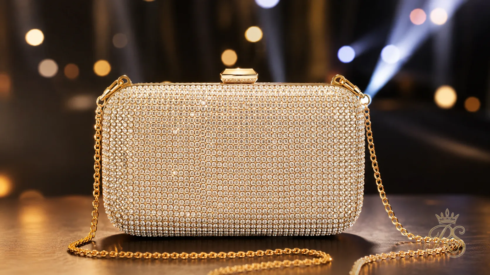 Crystal-embellished box clutch on a chain for sangeet