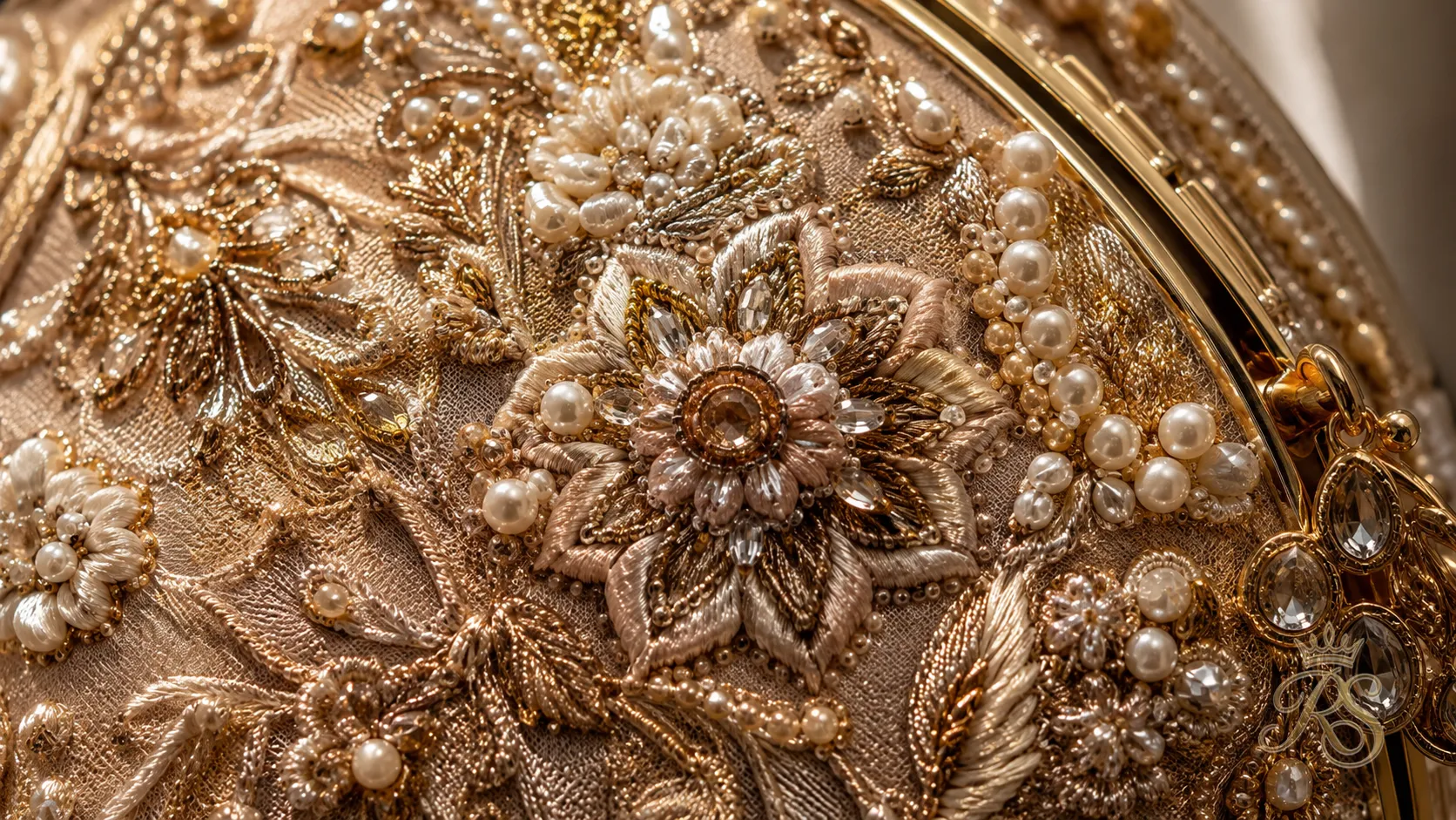 Close-up detail of hand embroidery on a bridal mini bag