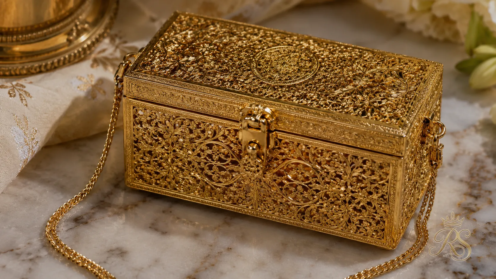 Gold filigree box bag for an Indian bridal wedding ceremony