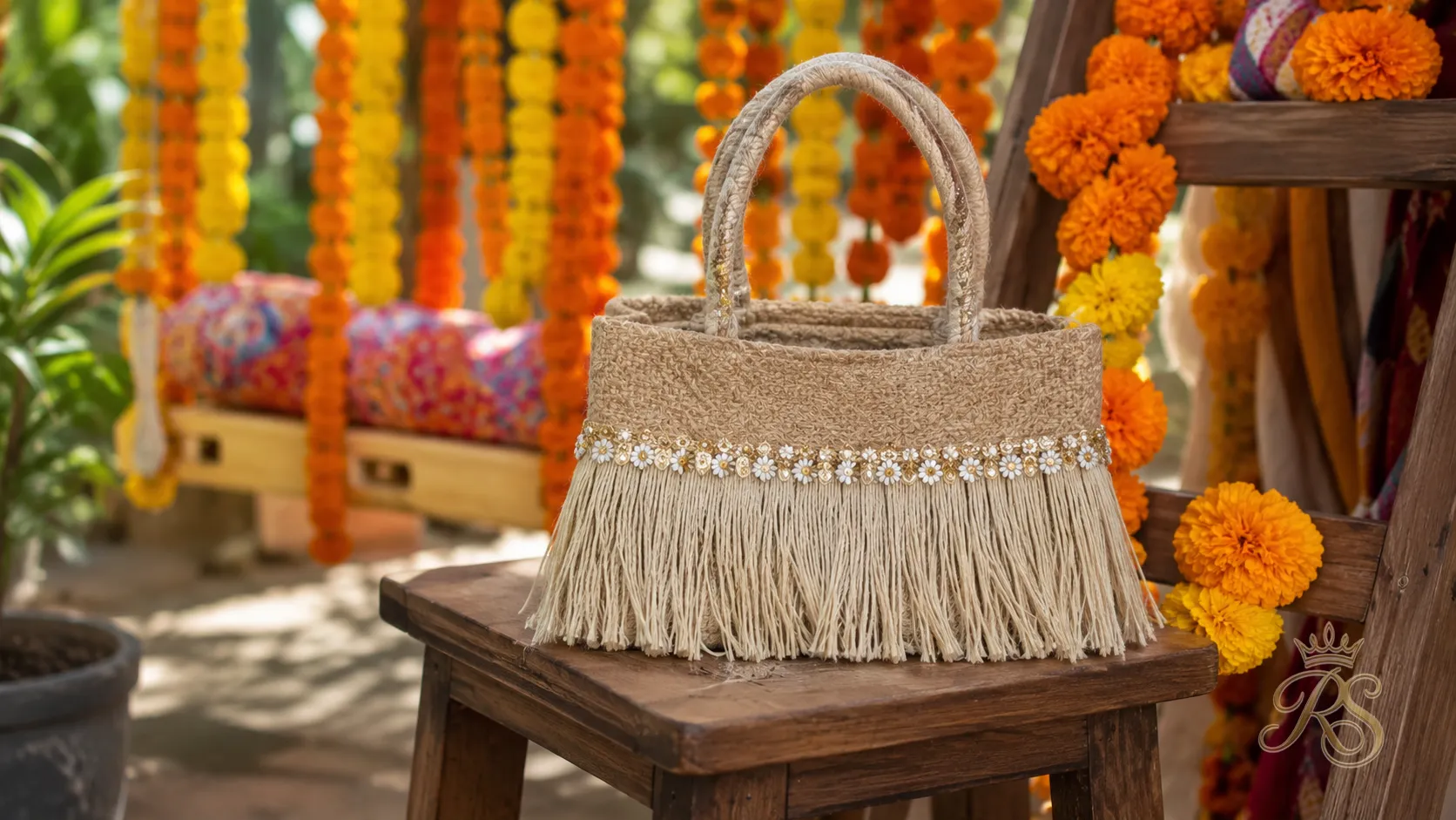 Jute fringe mini bag styled for a daytime mehendi ceremony
