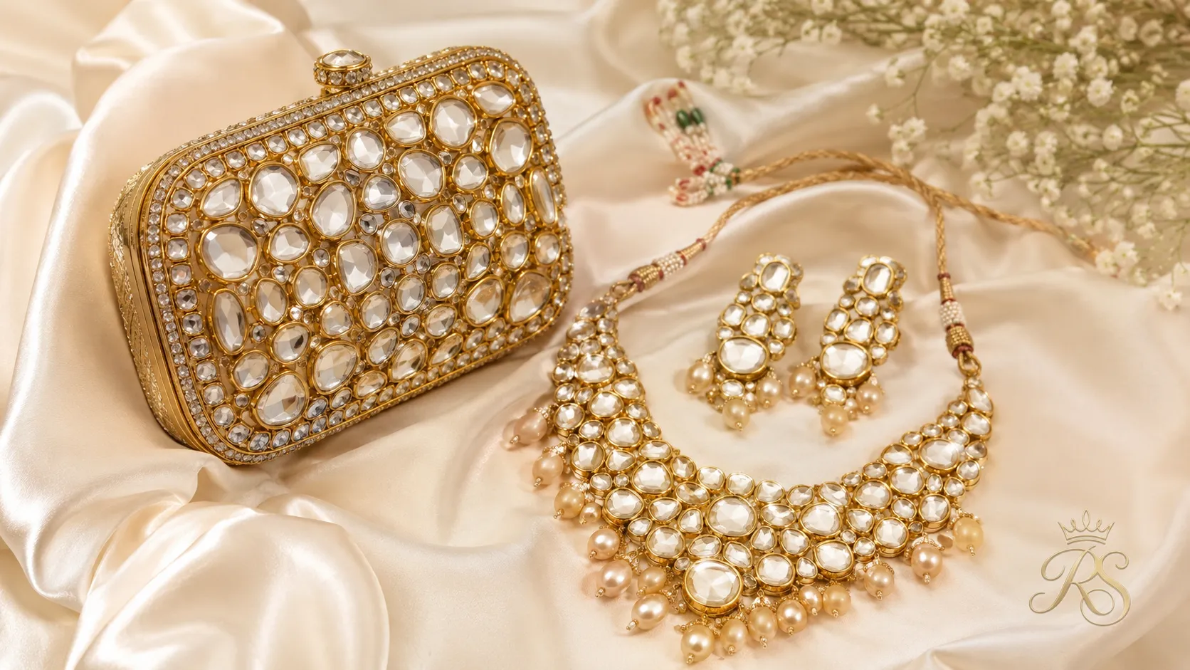 Kundan stone mini bag with gold border for a bridal wedding look