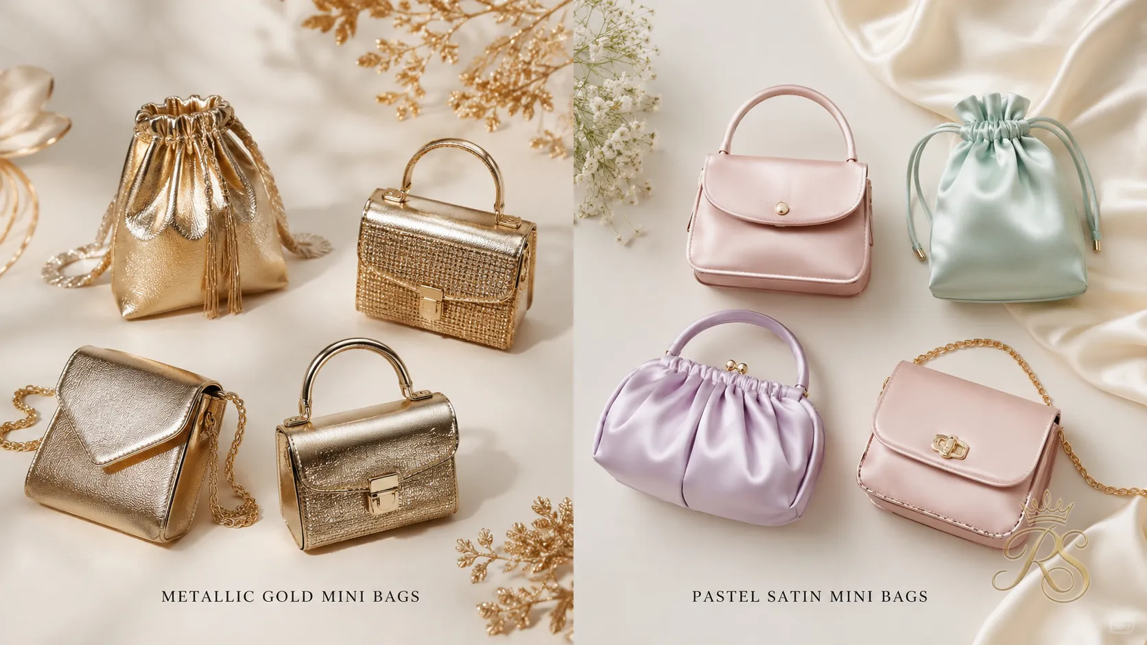 Metallic and pastel mini bags arranged together for a color comparison