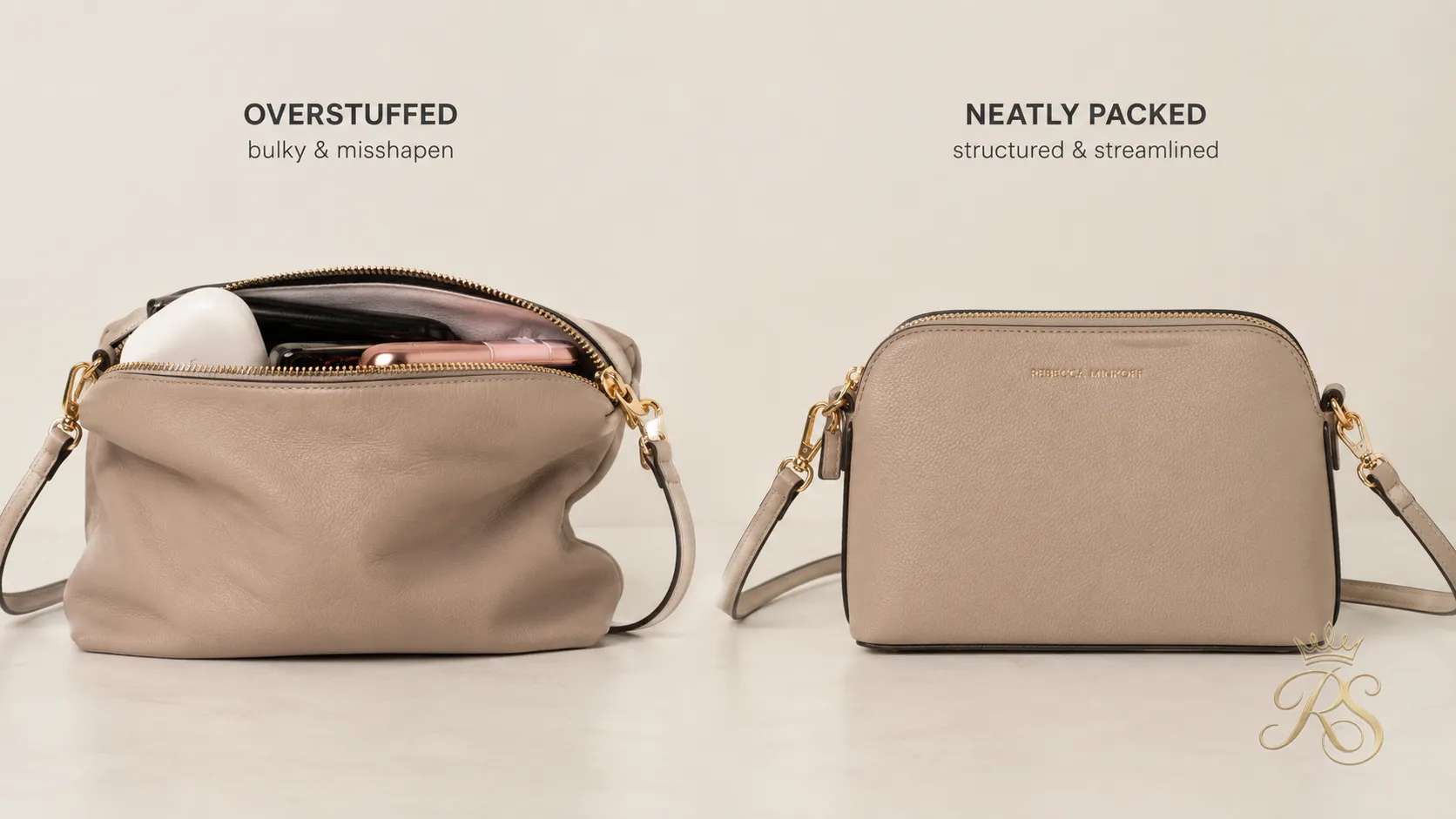 Comparison of an overstuffed mini bag versus a properly packed one
