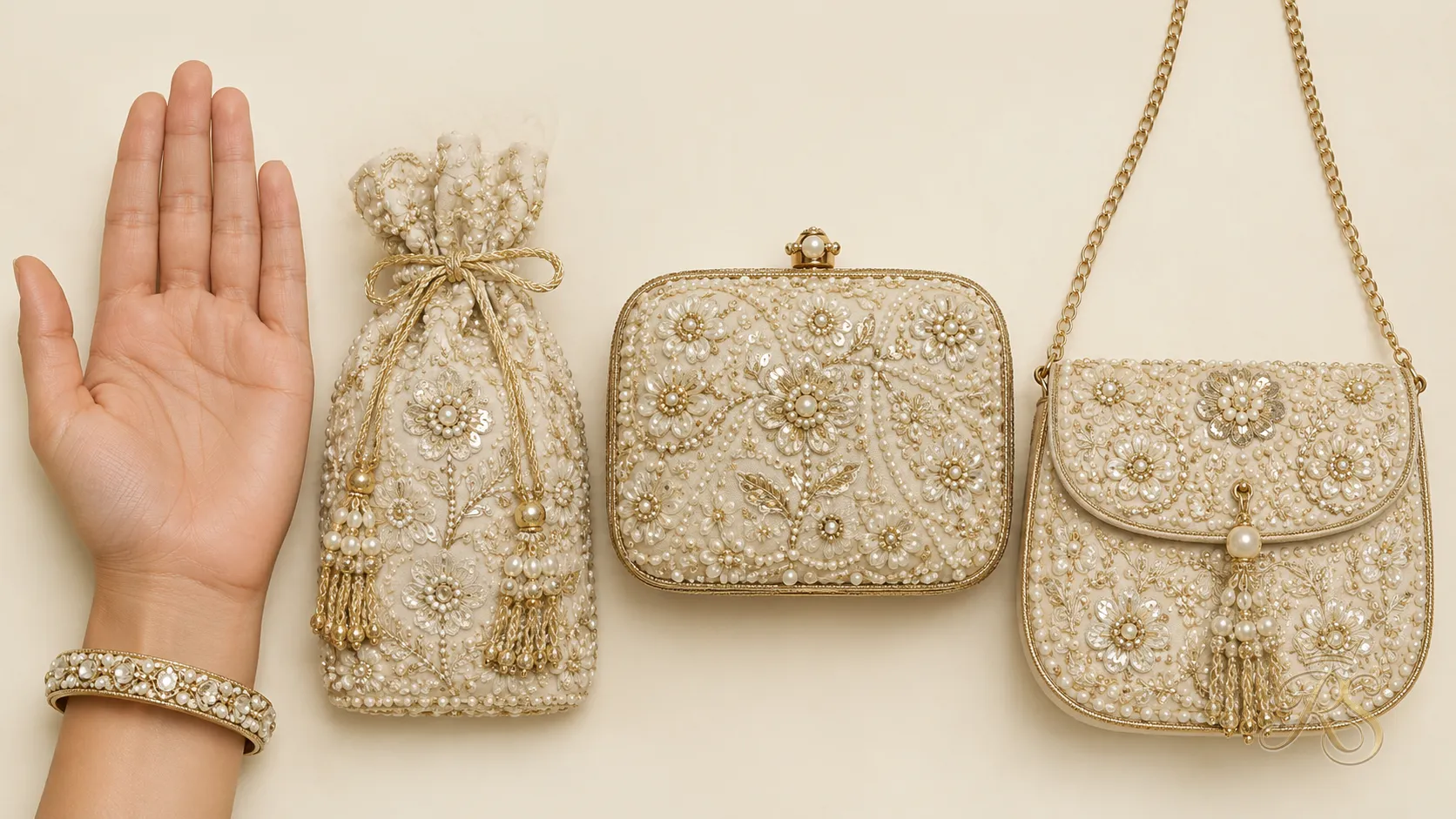 Size comparison of three bridal mini bags next to a bride's hand