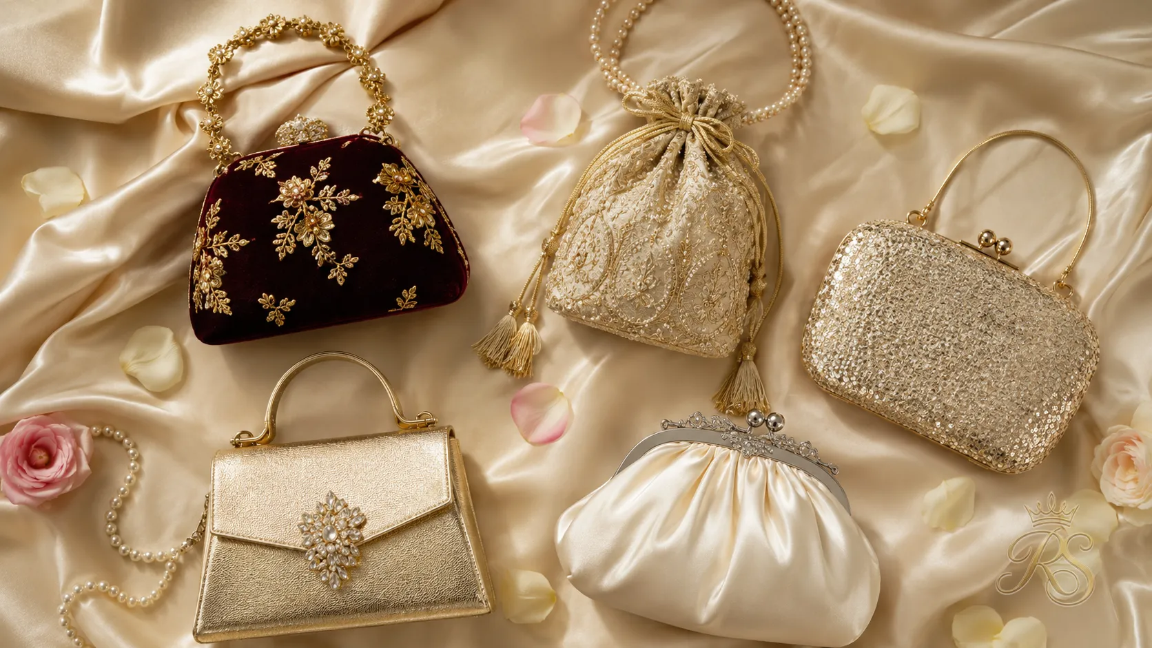 Flatlay of five different bridal mini bags in jewel tones and gold embellishment