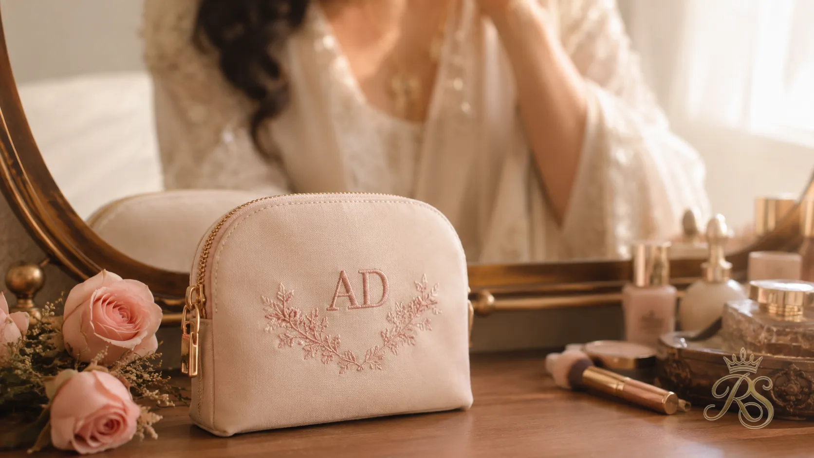 Monogrammed personalized mini pouch bag as a bridal keepsake