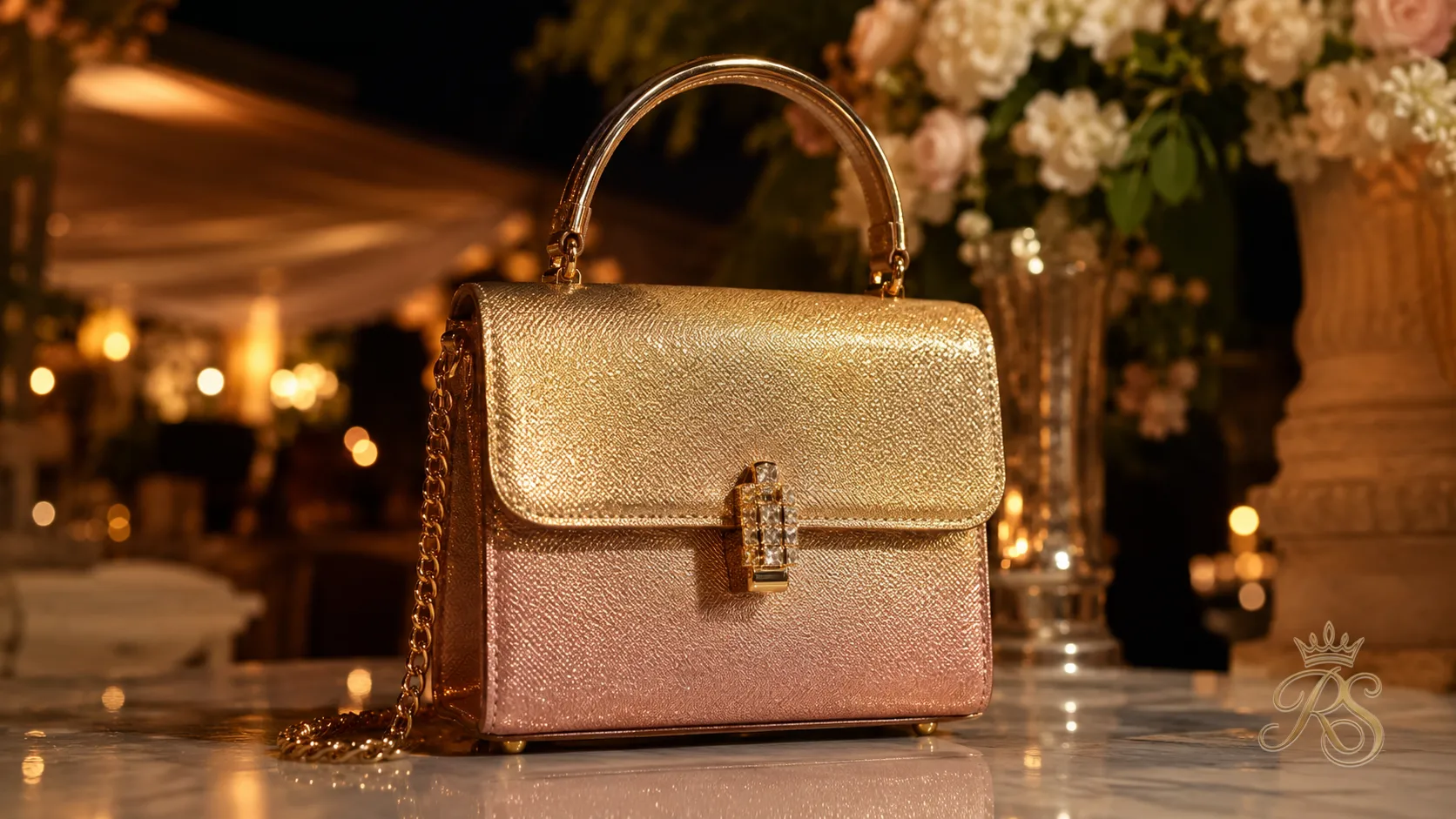 Ombre mini handbag transitioning from gold to blush for a reception
