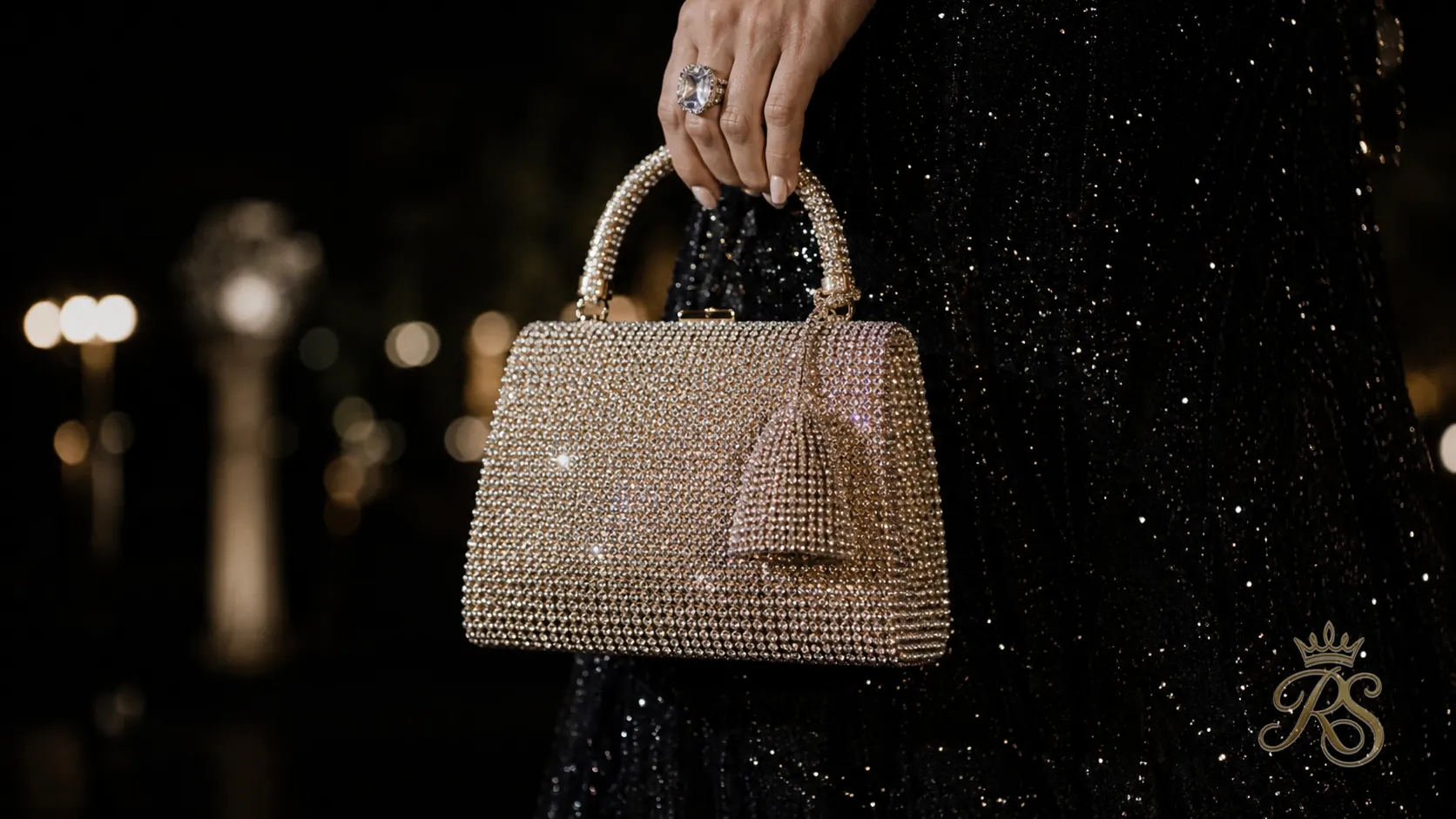 Rhinestone top-handle mini bag for a reception look