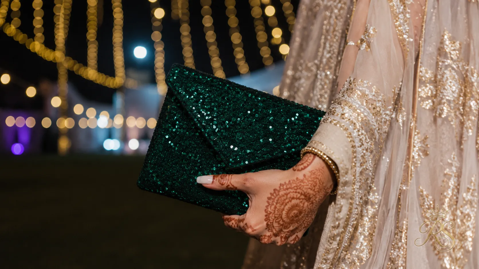 Sequin envelope mini clutch for a bridal sangeet look