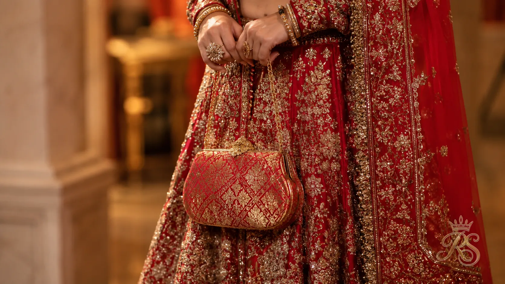 Silk brocade sling mini bag for an Indian bride