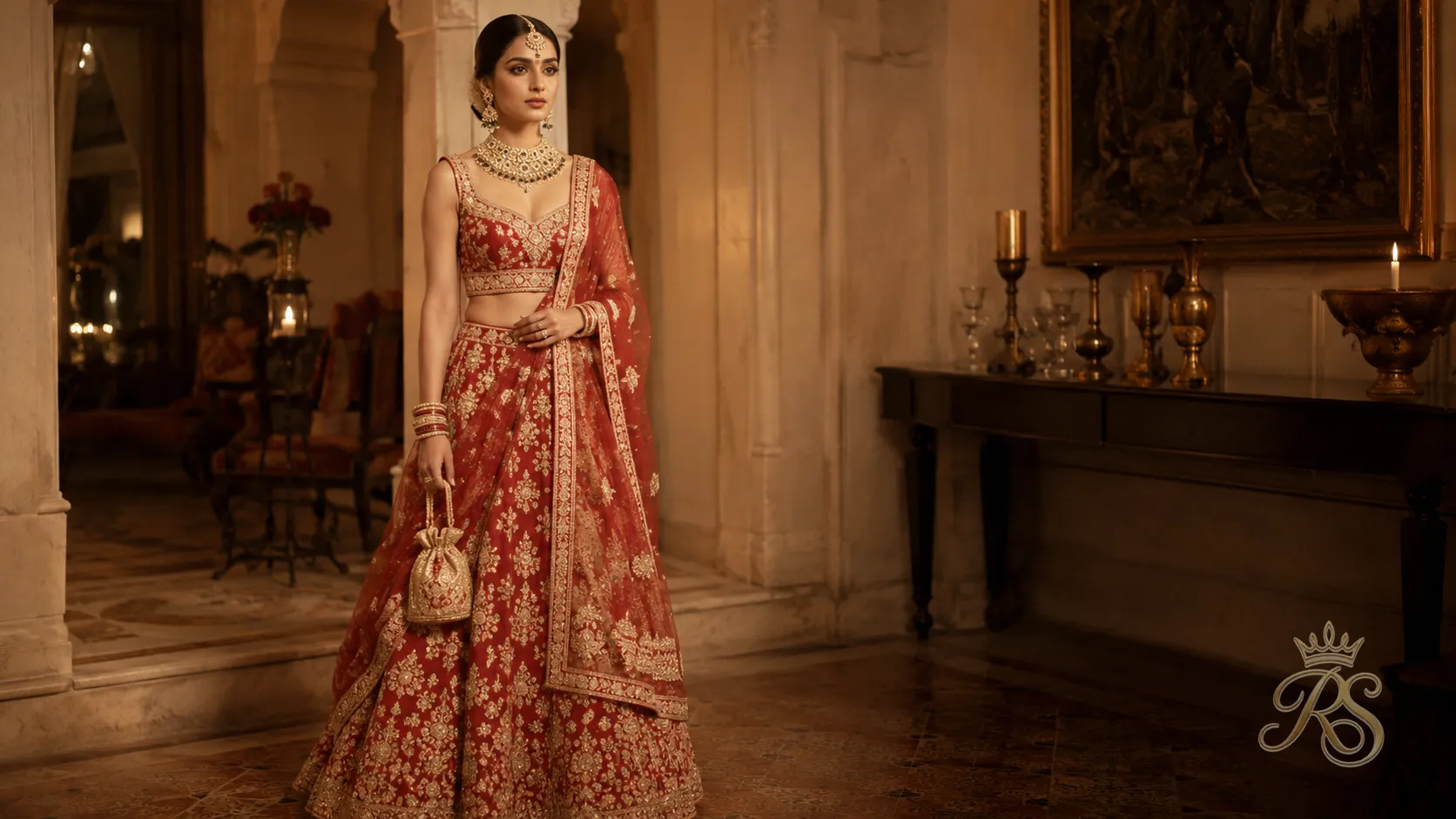 Bride styling a gold mini bag with a heavily embroidered lehenga