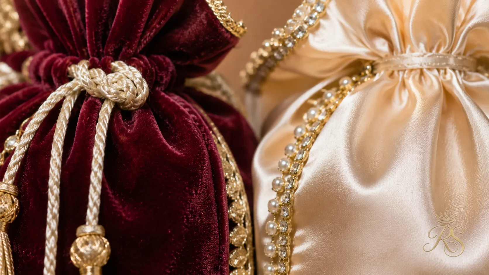 Close-up of velvet and satin texture on bridal mini bags