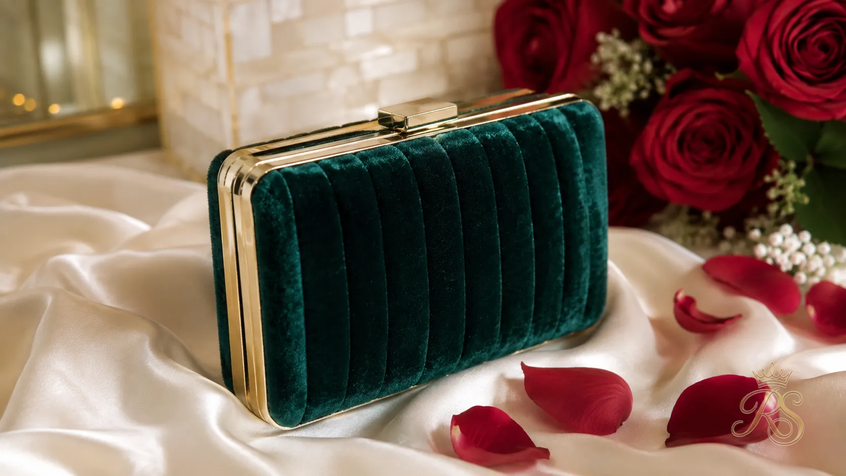 Velvet structured mini clutch bag for a wedding day bridal look