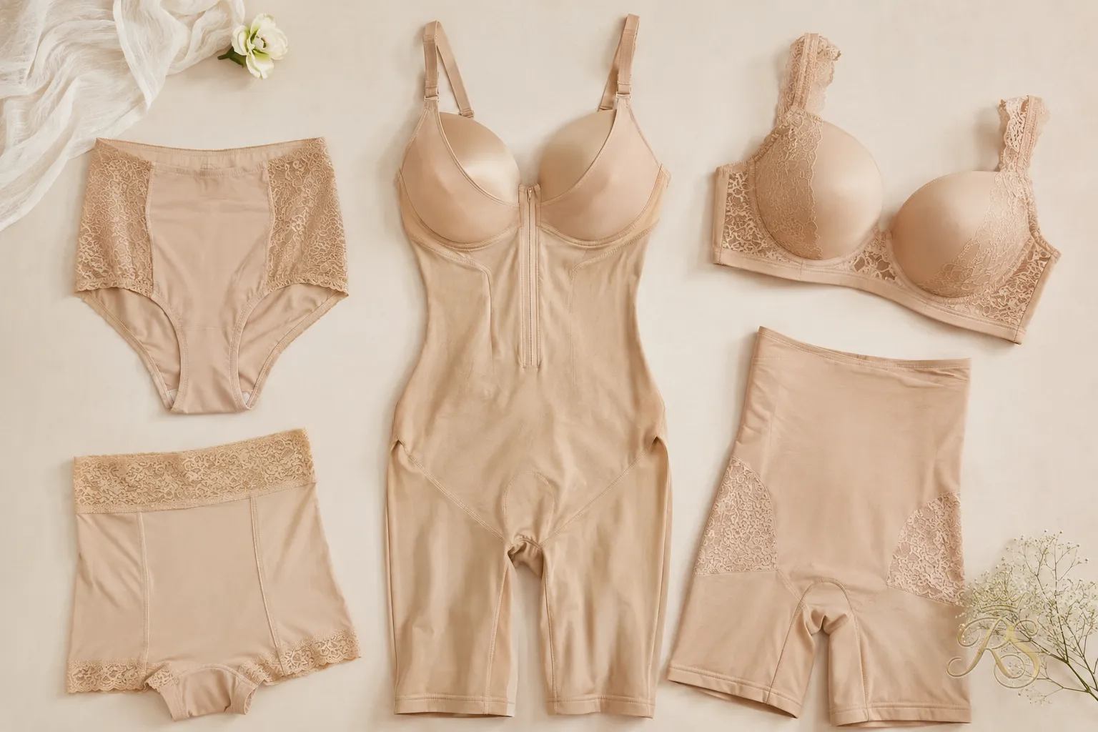 Flatlay of bridal shapewear and supportive undergarments designed for plus size brides
