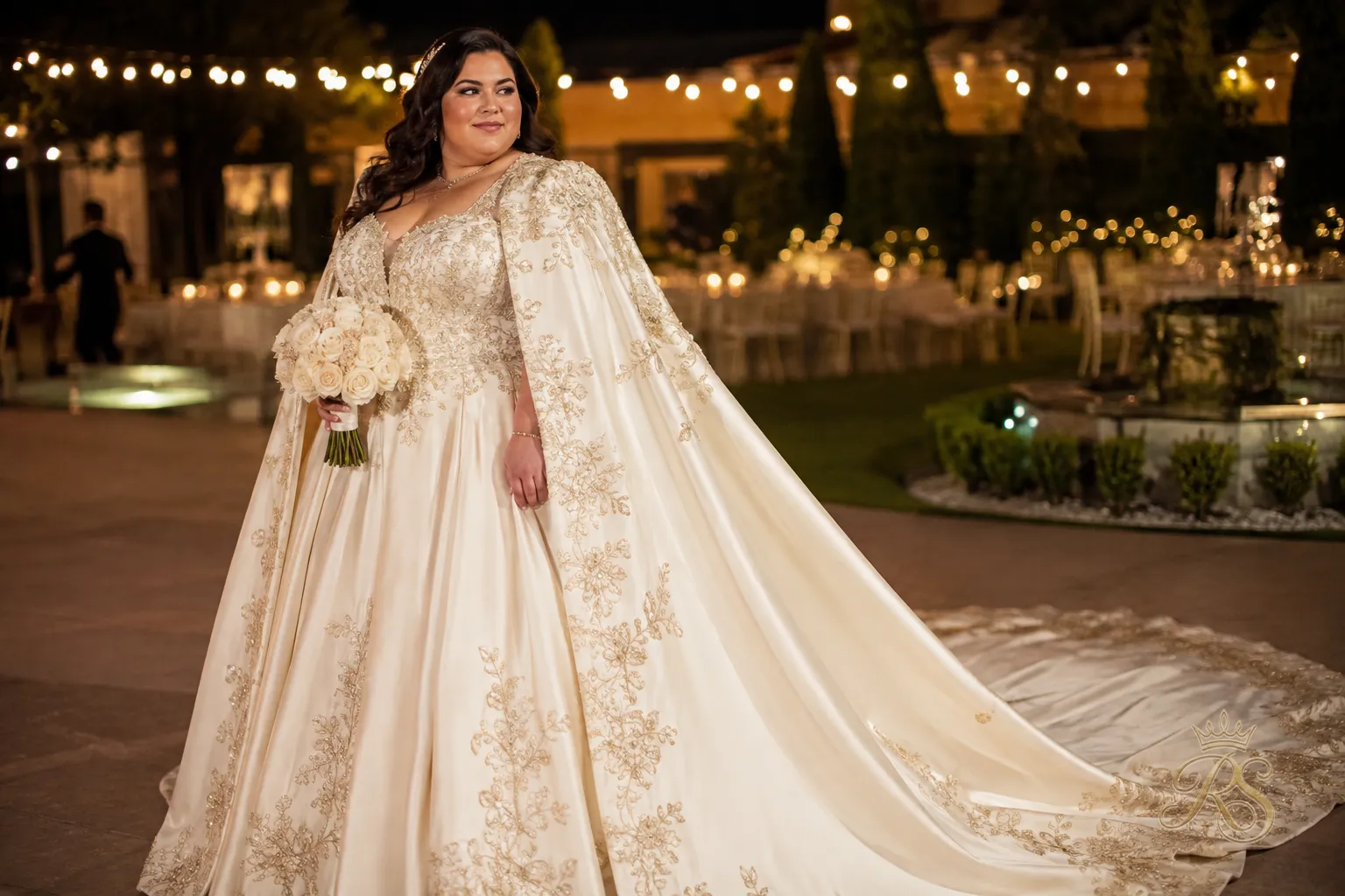 Plus size bride in a cape-sleeve bridal gown with a structured bodice