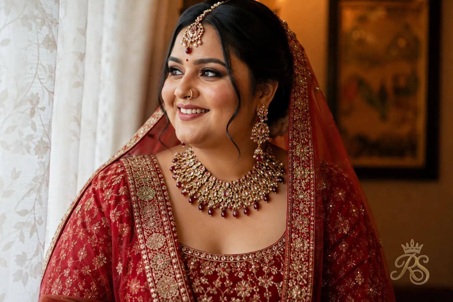 Confident plus size bride smiling in her finished bridal outfit in natural light